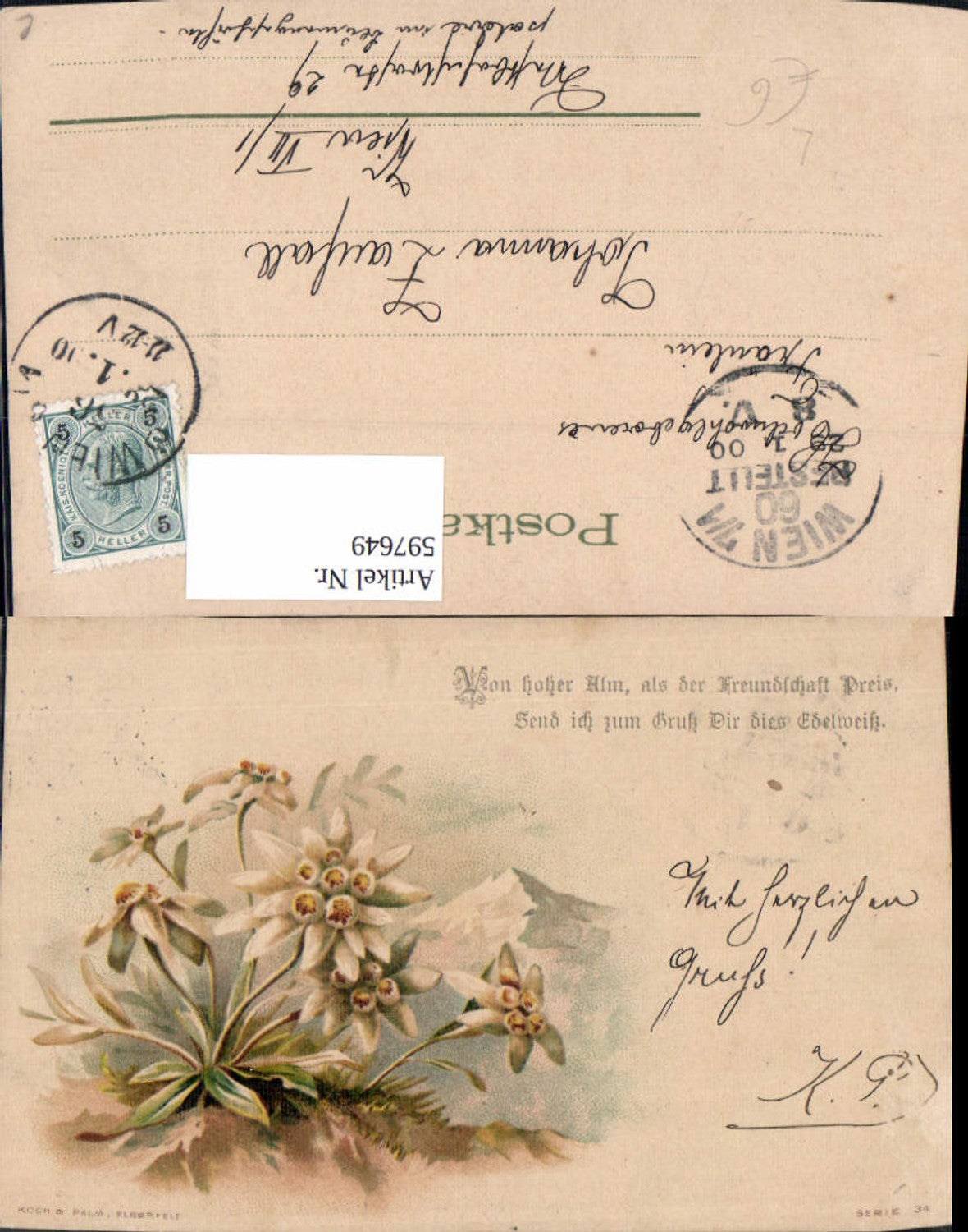 597649, Artist Lithograph Edelweiss Alpine Flora Saying