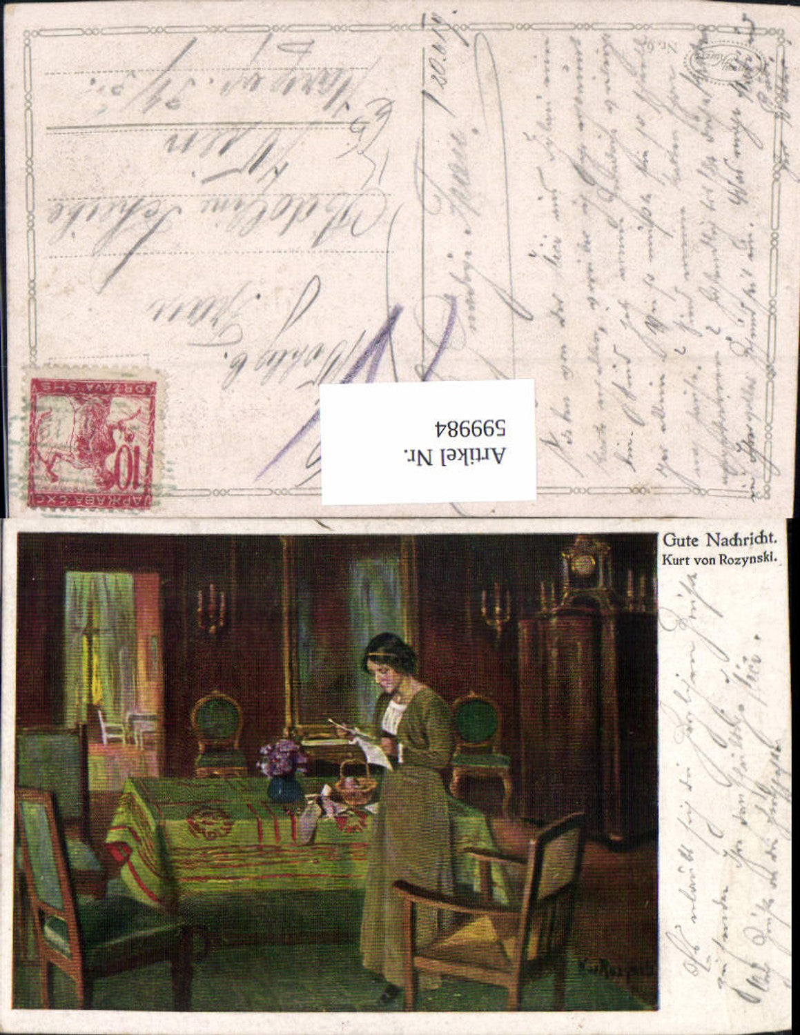 599984, Artist AK Kurt von Rozynski Good News Reading Woman with Letter