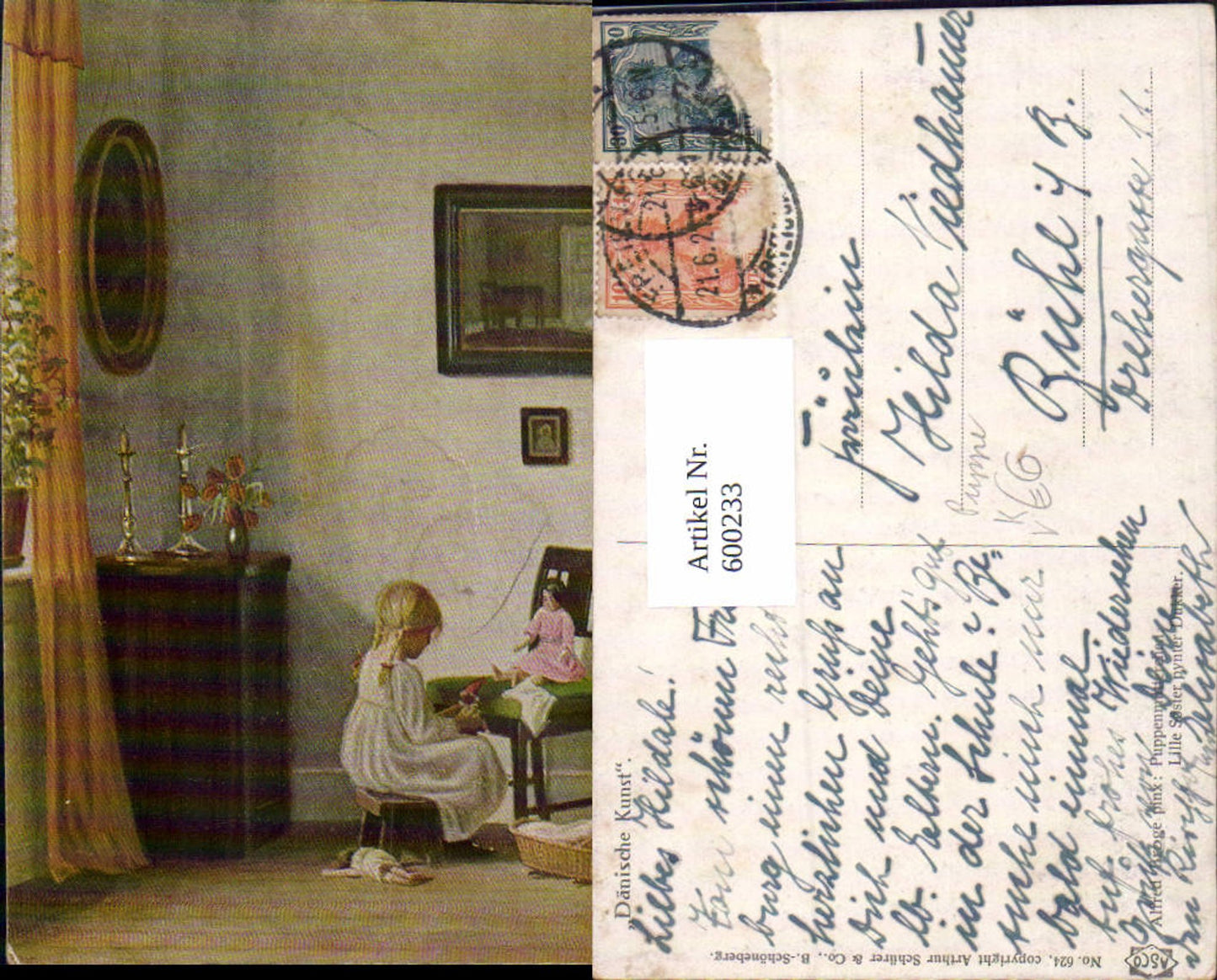 600233,Künstler Ak Alfred Broge Puppenmütterchen Mädchen m. Puppe pub Arthur Schürer Co 624