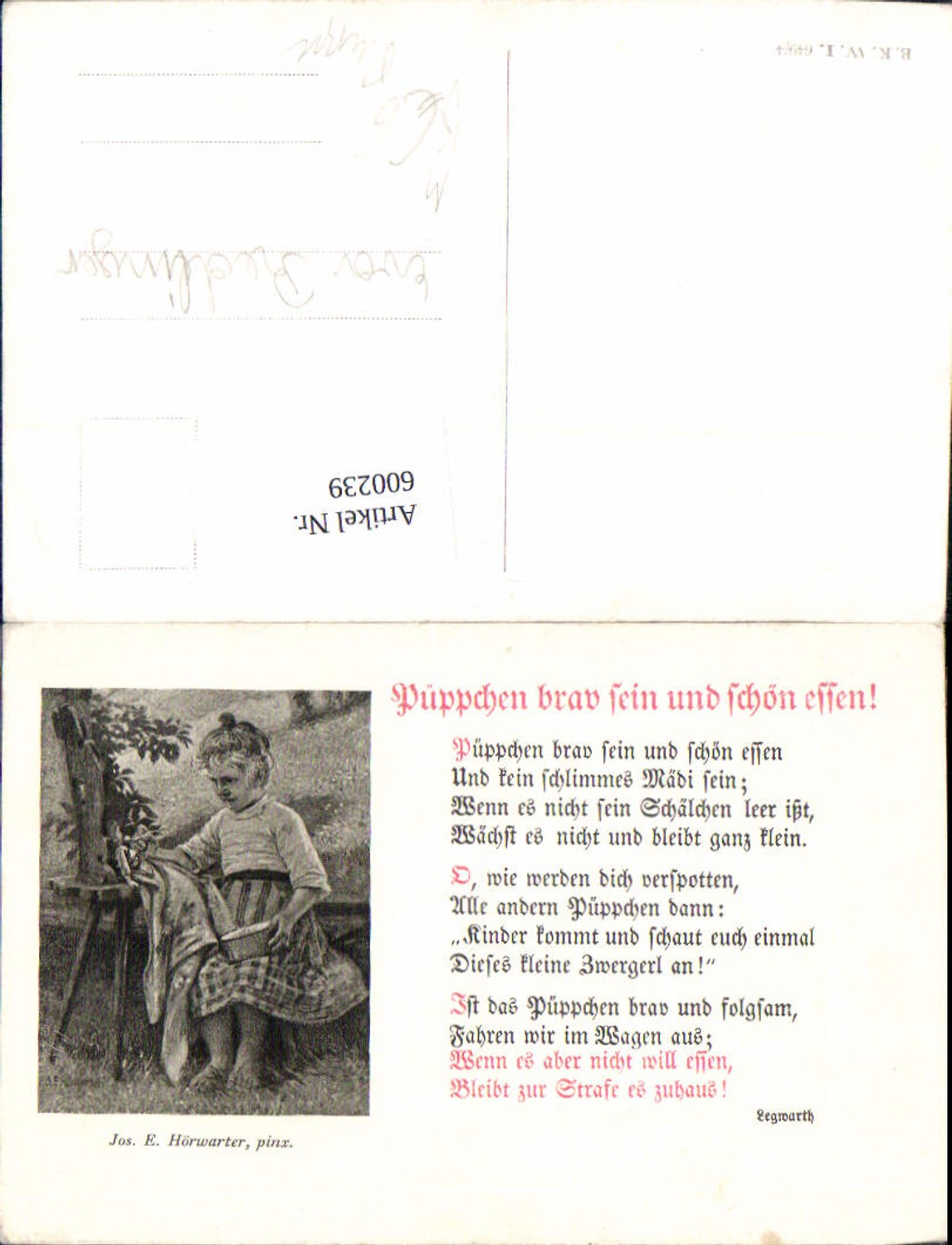 600239,Künstler Ak Jos. E. Hörwarter Mädchen füttert Püppchen Puppe Mädchen Text pub B.K.W.I. 649/4