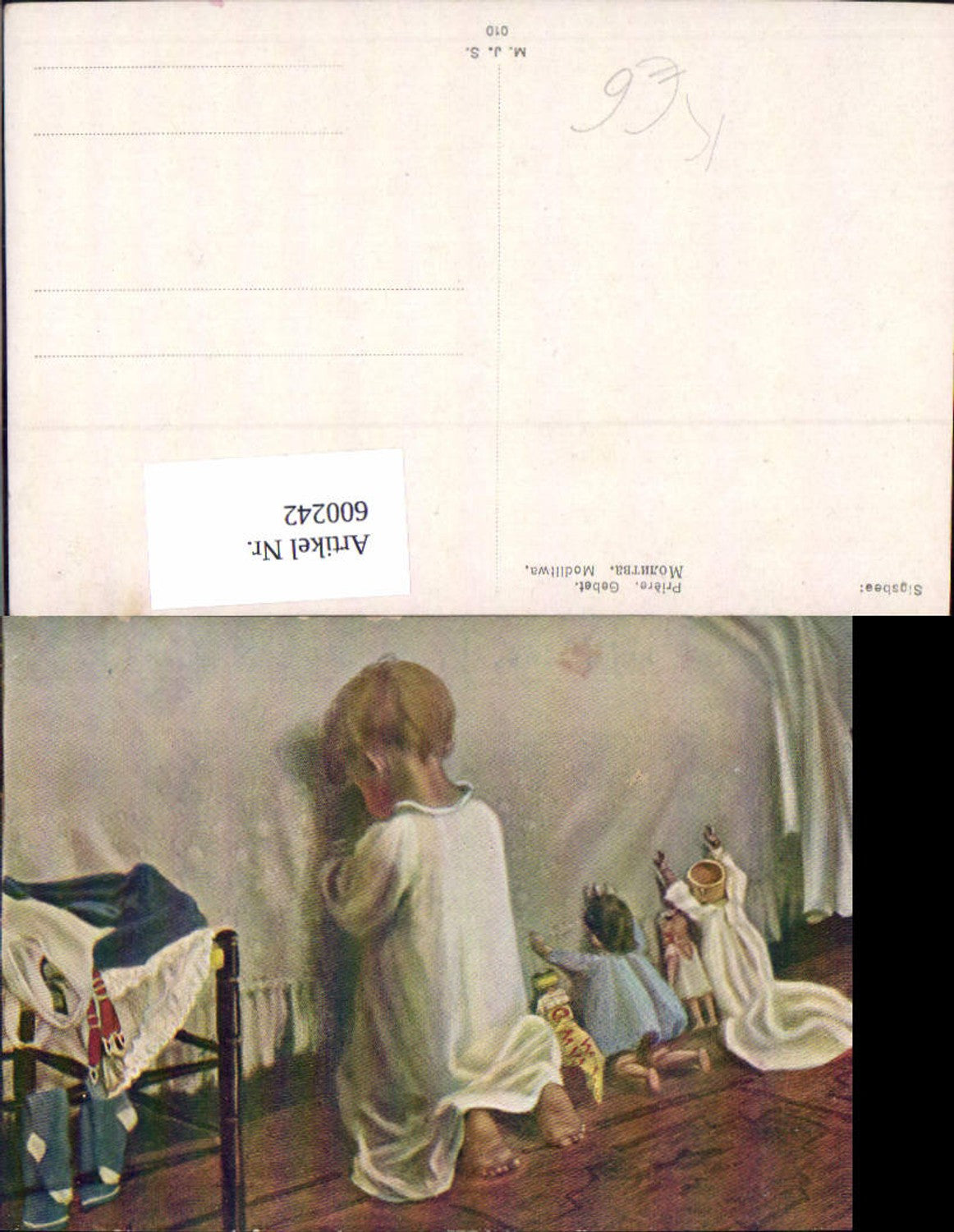 600242,Künstler Ak Sigsbee Gebet Kind Bub Junge m. Puppe Puppen Gebet a. Bett