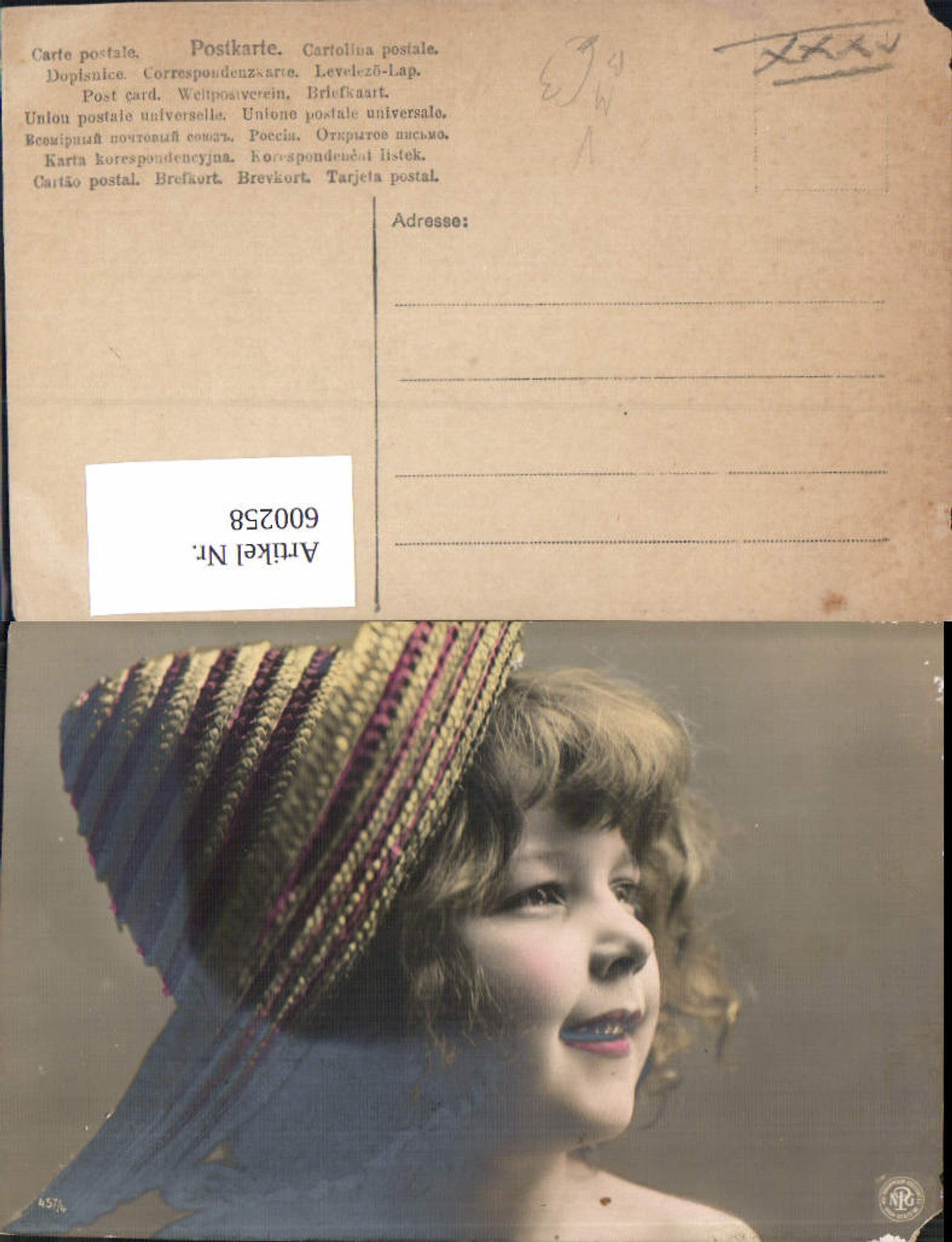 600258,Kind Mädchen m. Strohhut Hut pub NPG 457/4
