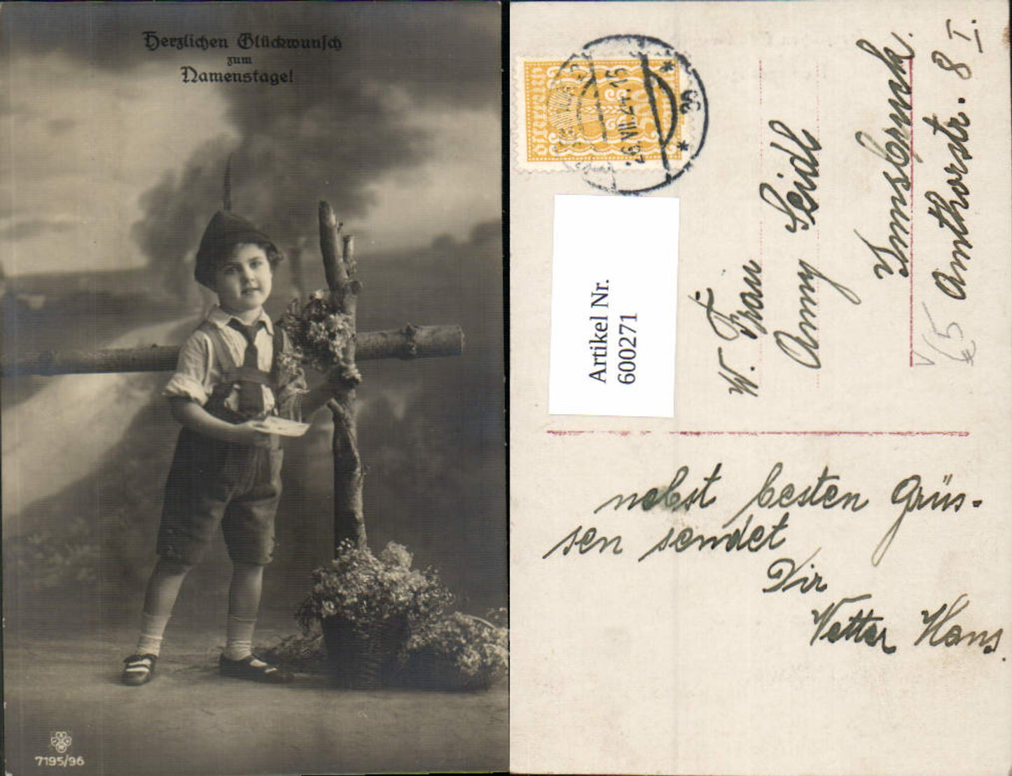 600271,Kind Bub Junge m. Lederhose Tracht Hut Brief Namenstag pub RPH SBW 7195/96