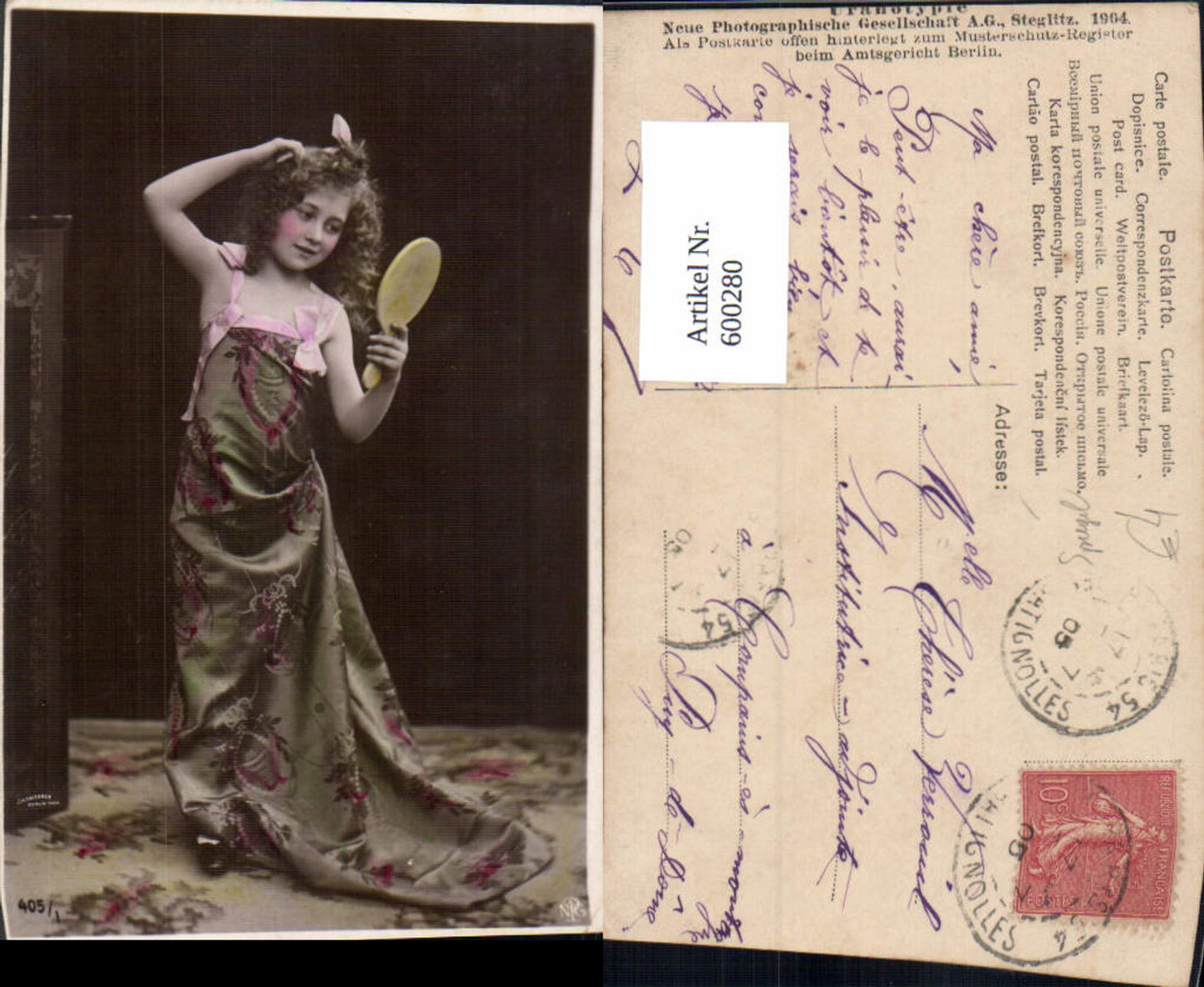 600280,Kind Mädchen m. Kleid Haarschleife Handspiegel Spiegel