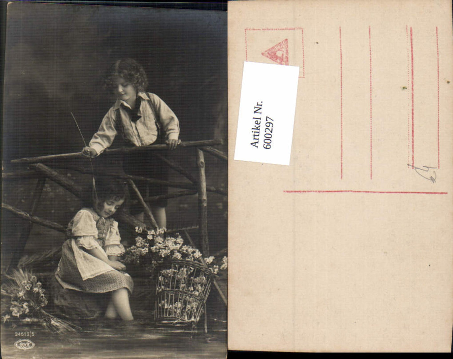 600297,Kind Kinder Bub Junge Mädchen Korb m. Blumen
