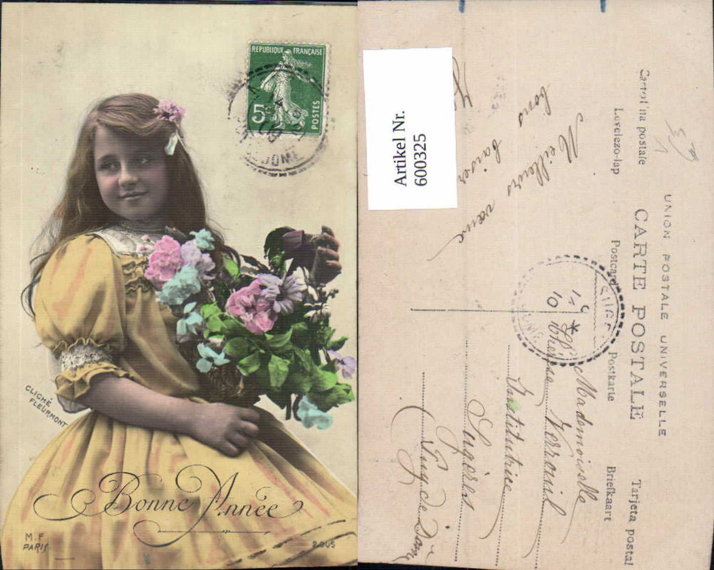 600325,Kind Mädchen Kleid Blumen Bonne Annee pub M. F. Paris 2005