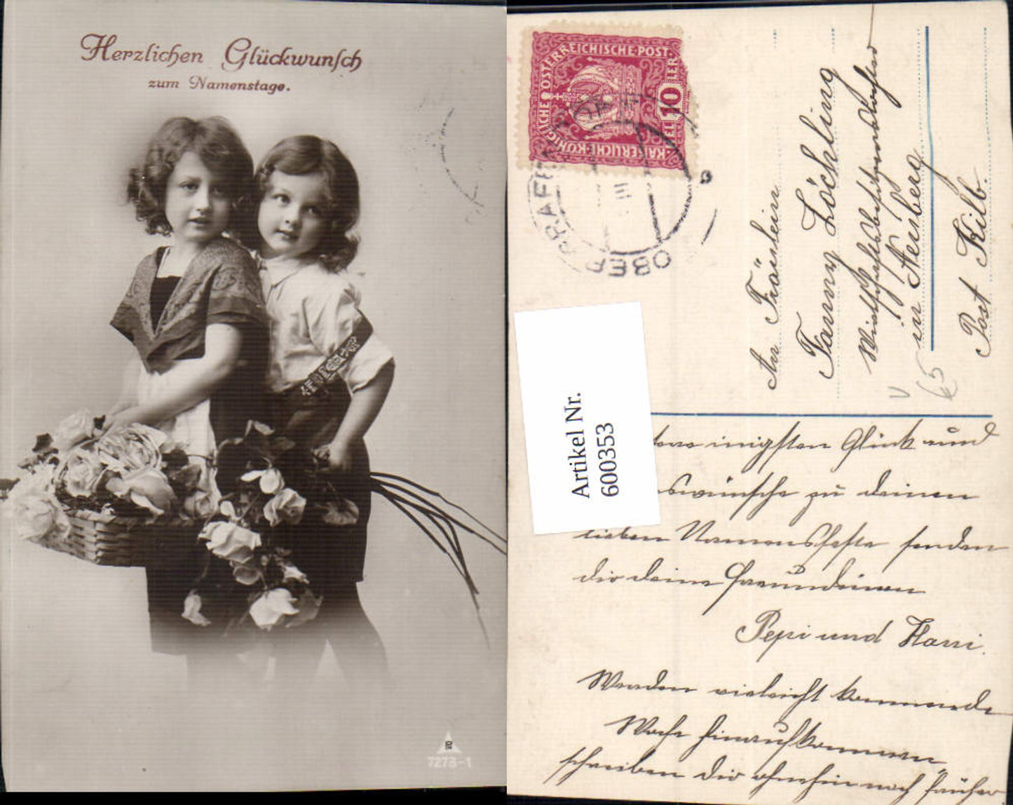 600353,Kind Kinder Lockenkopf Blumen Rosen Namenstag pub Photochromie 7273/1