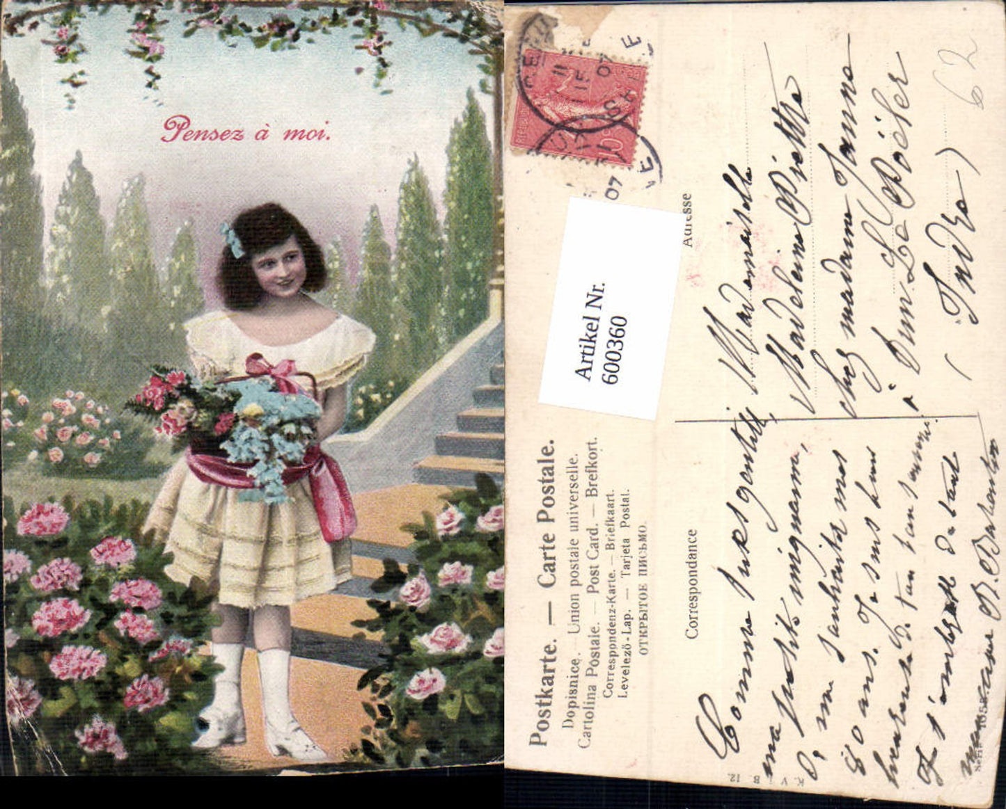 600360,Kind Mädchen Haarschleife Korb m. Blumen Pensez a moi