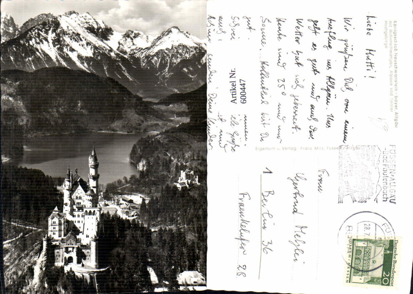 600447,Foto Ak Schloss Neuschwanstein Schwangau Allgäu m. Alpsee