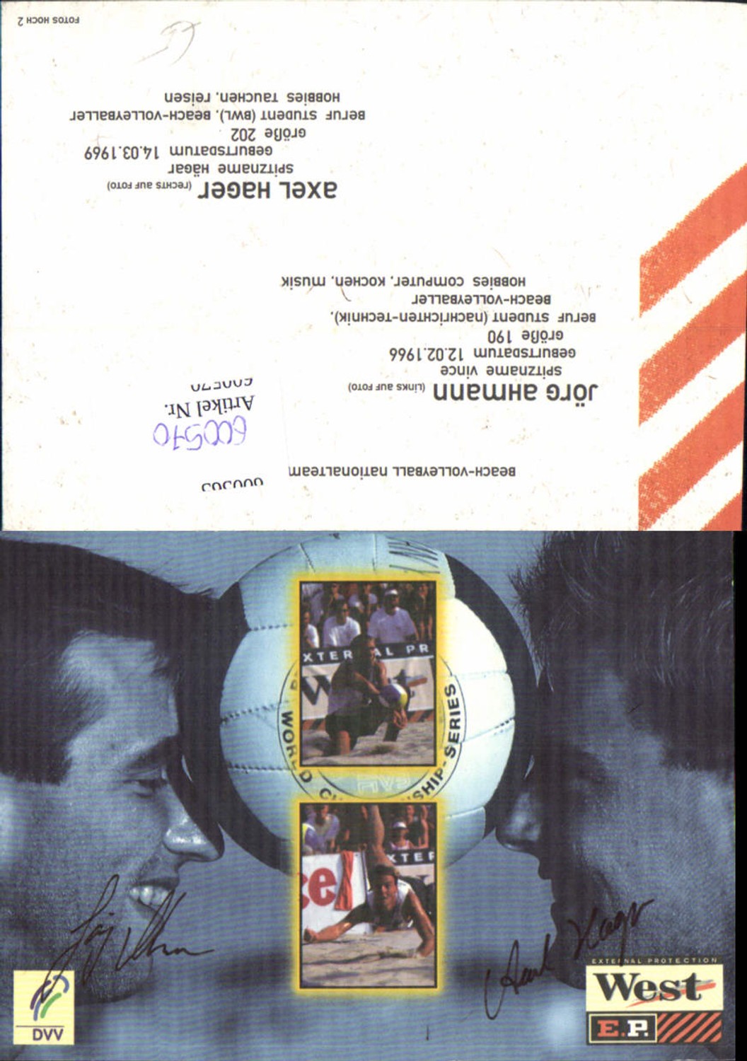 600570,Sportler Jörg Ahmann u. Axel Hager Beachvolleyball Sport Autogrammkarte