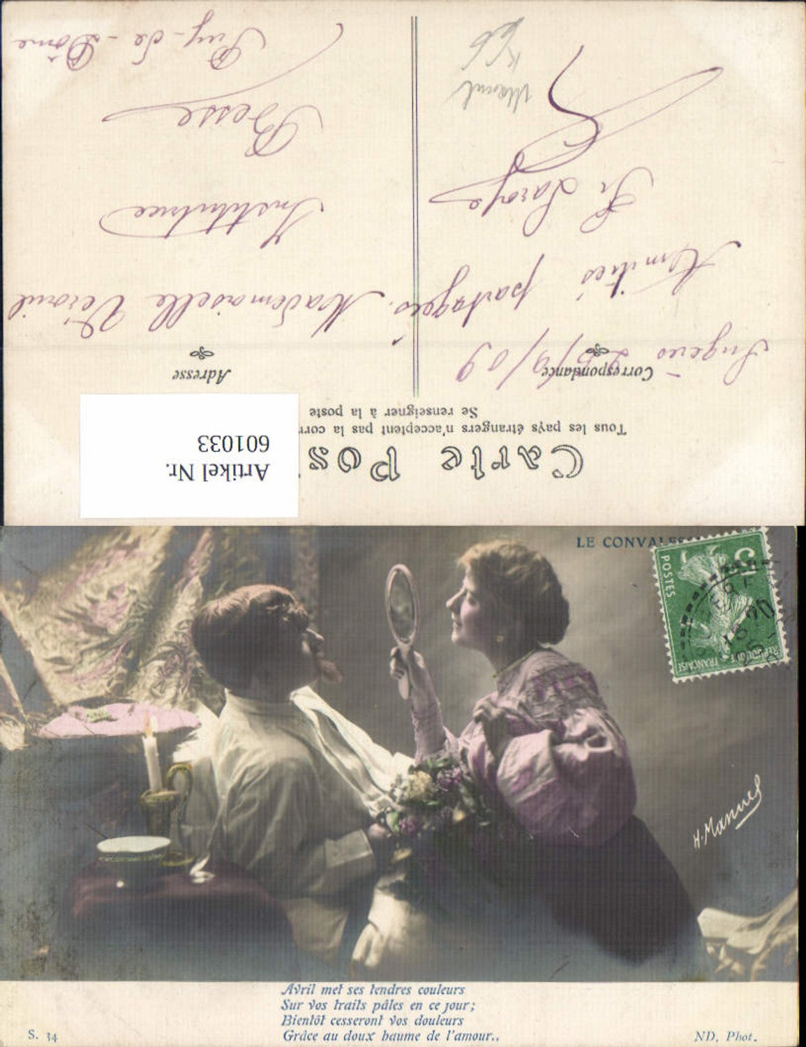 601033,Künstler Ak H. Manuel Paar Liebe Handspiegel Blumen
