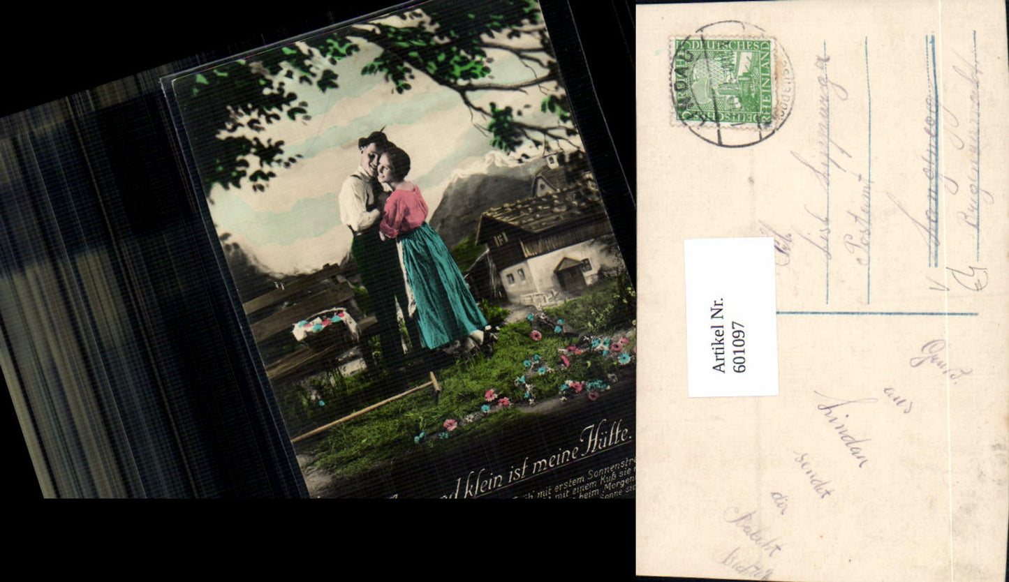 601097,Fotomontage Paar Liebe Wange a. Wange Arm u. Klein ist meine Hütte Text pub Photochromie 5470/5