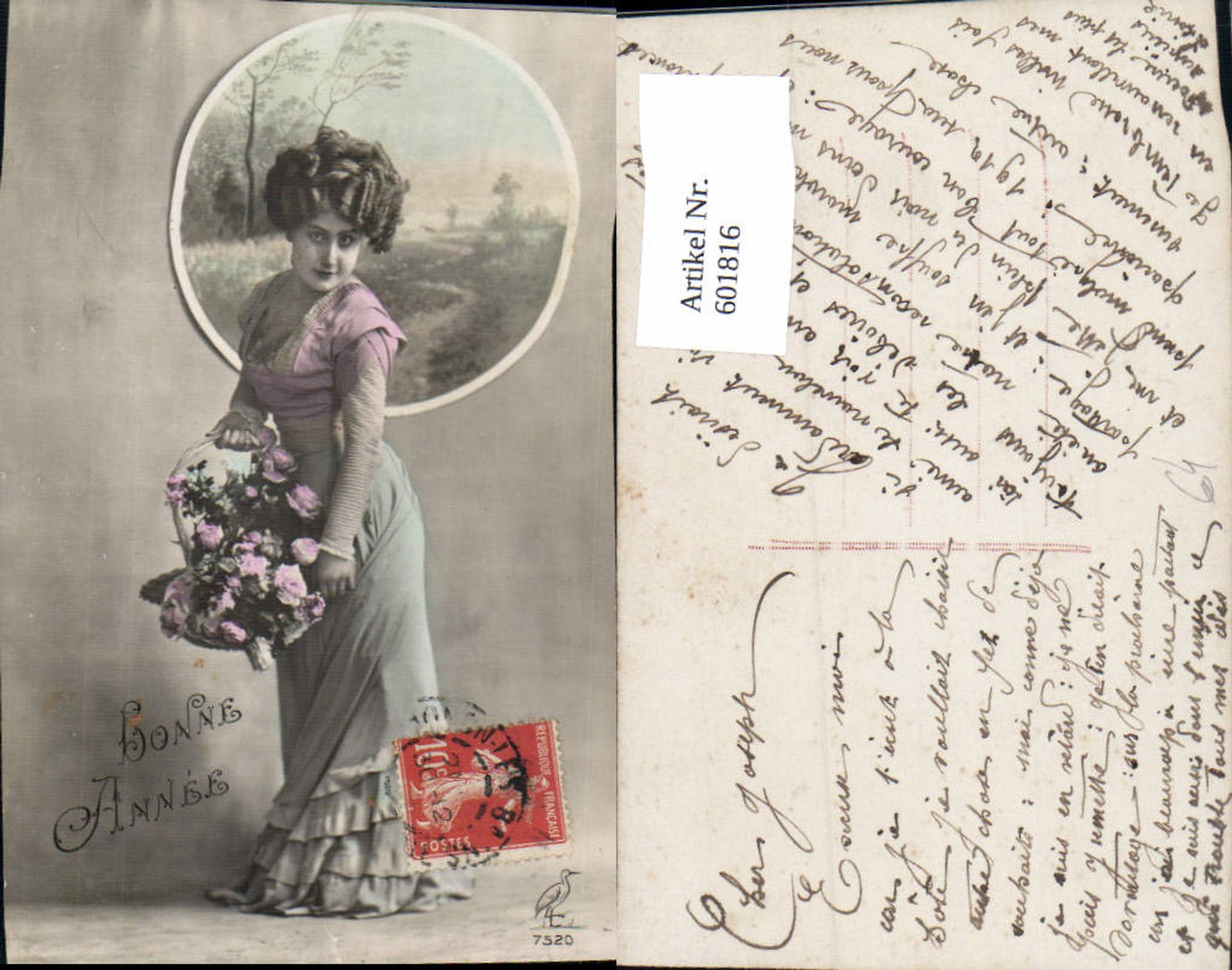 601816,Frau Korb m. Blumen Rosen Bonne Annee