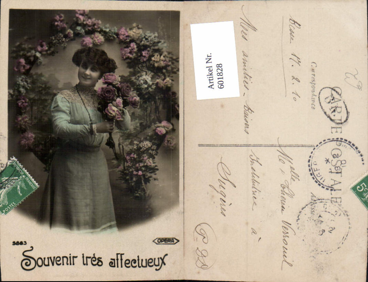 601828,Frau m. Rosen Blumen Souvenir tres affectueux
