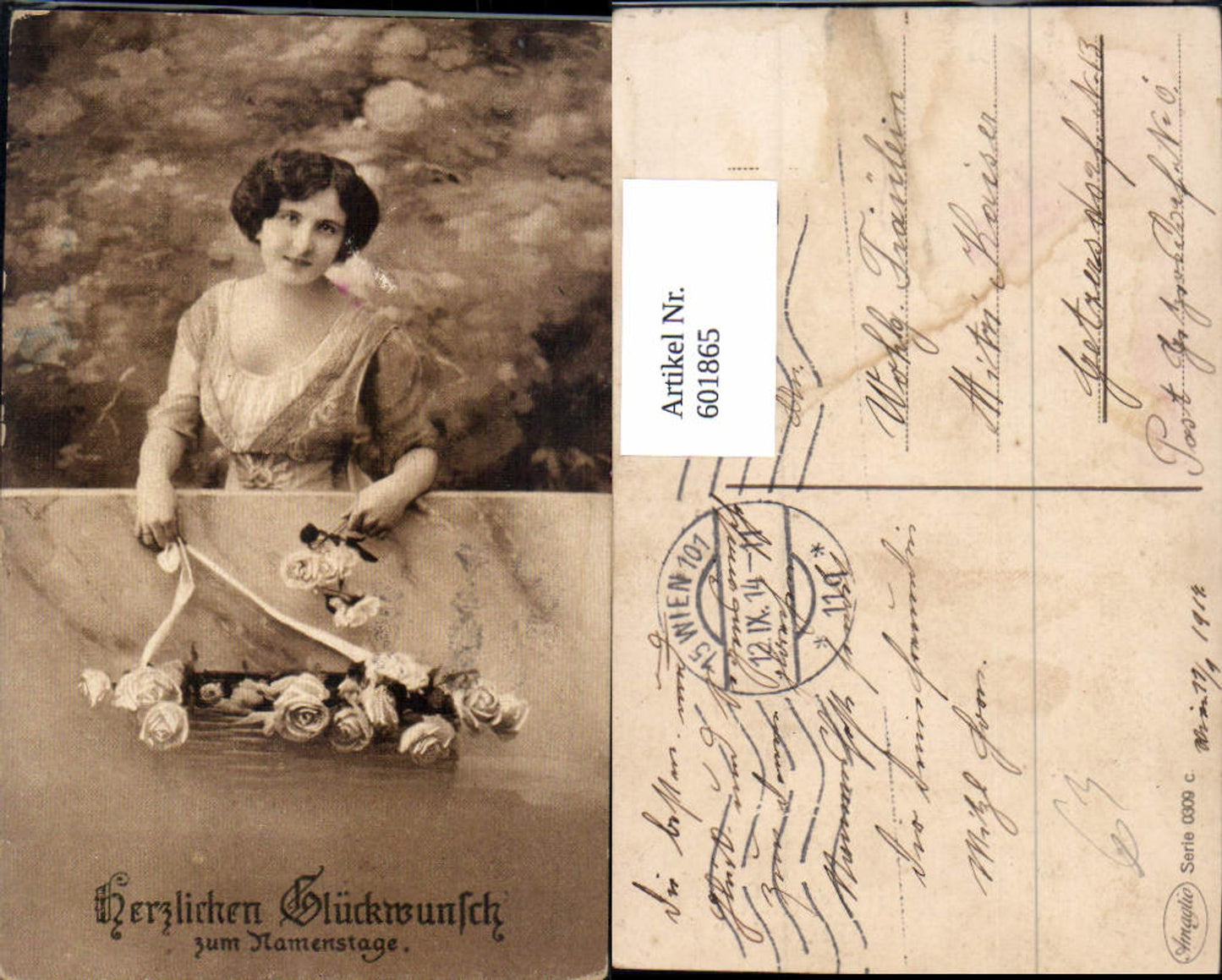 601865,Frau Korb m. Blumen Rosen Namenstag