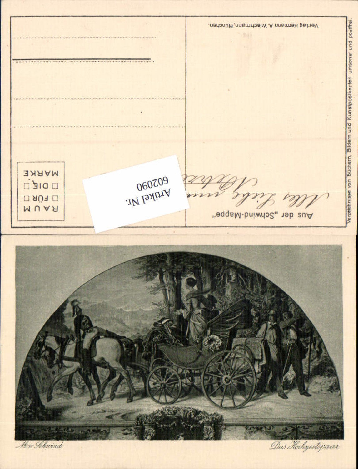 602090,Künstler AK M. v. Schwind Kutsche Hochzeitsreise Hochzeit Pferde