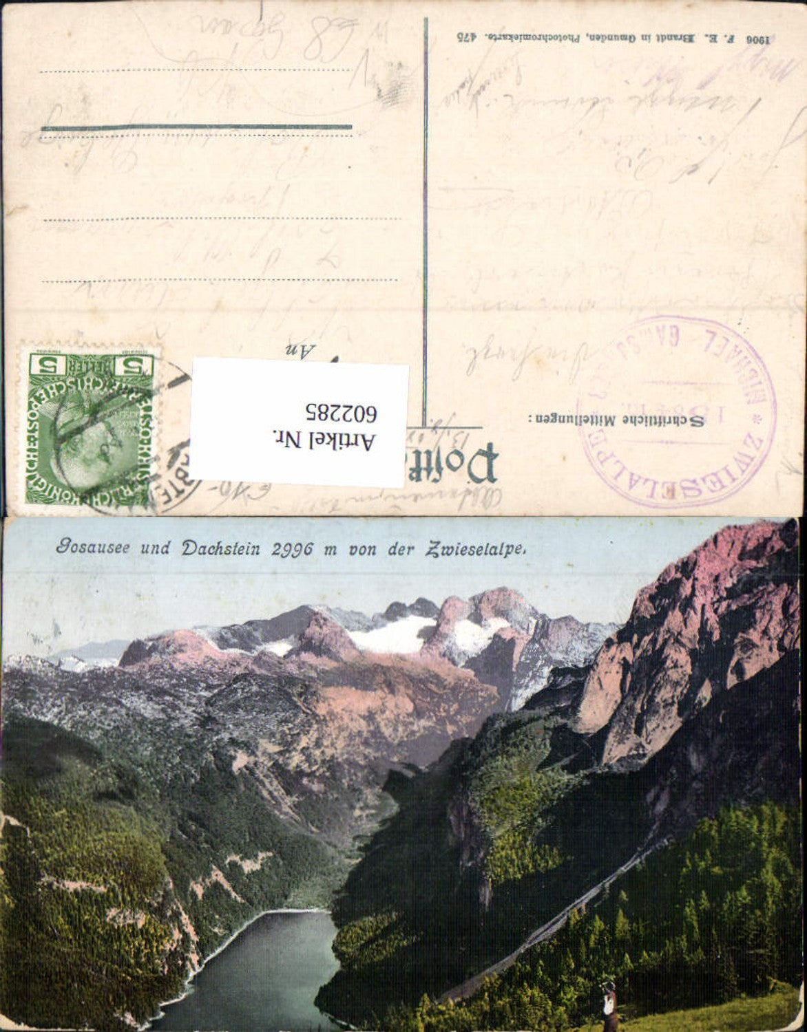 602285,Gosausee u. Dachstein v. d. Zwieselalpe Gosau pub F. E. Brandt 475