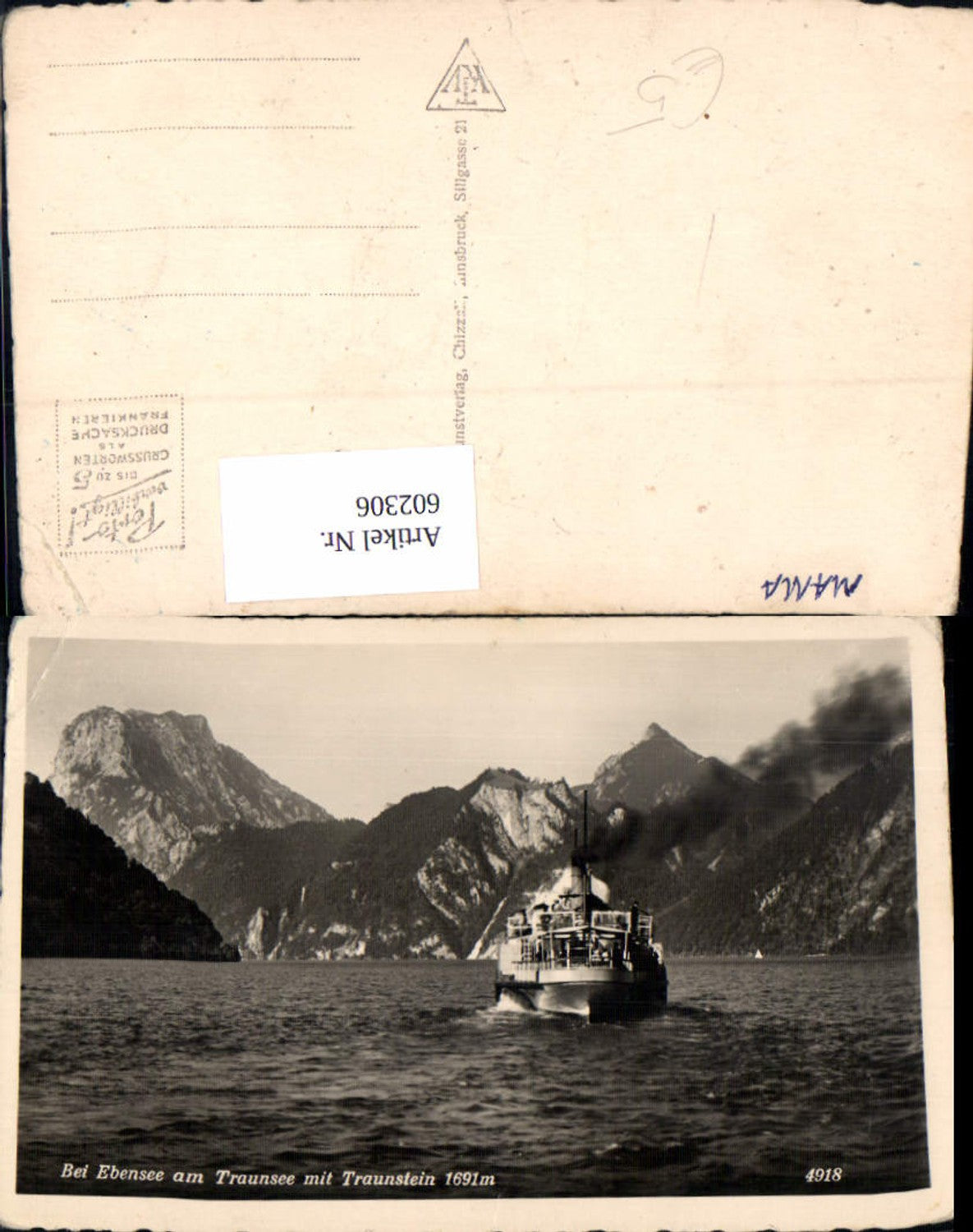 602306,Bei Ebensee a. Traunsee m. Traunstein Schiff Dampfer
