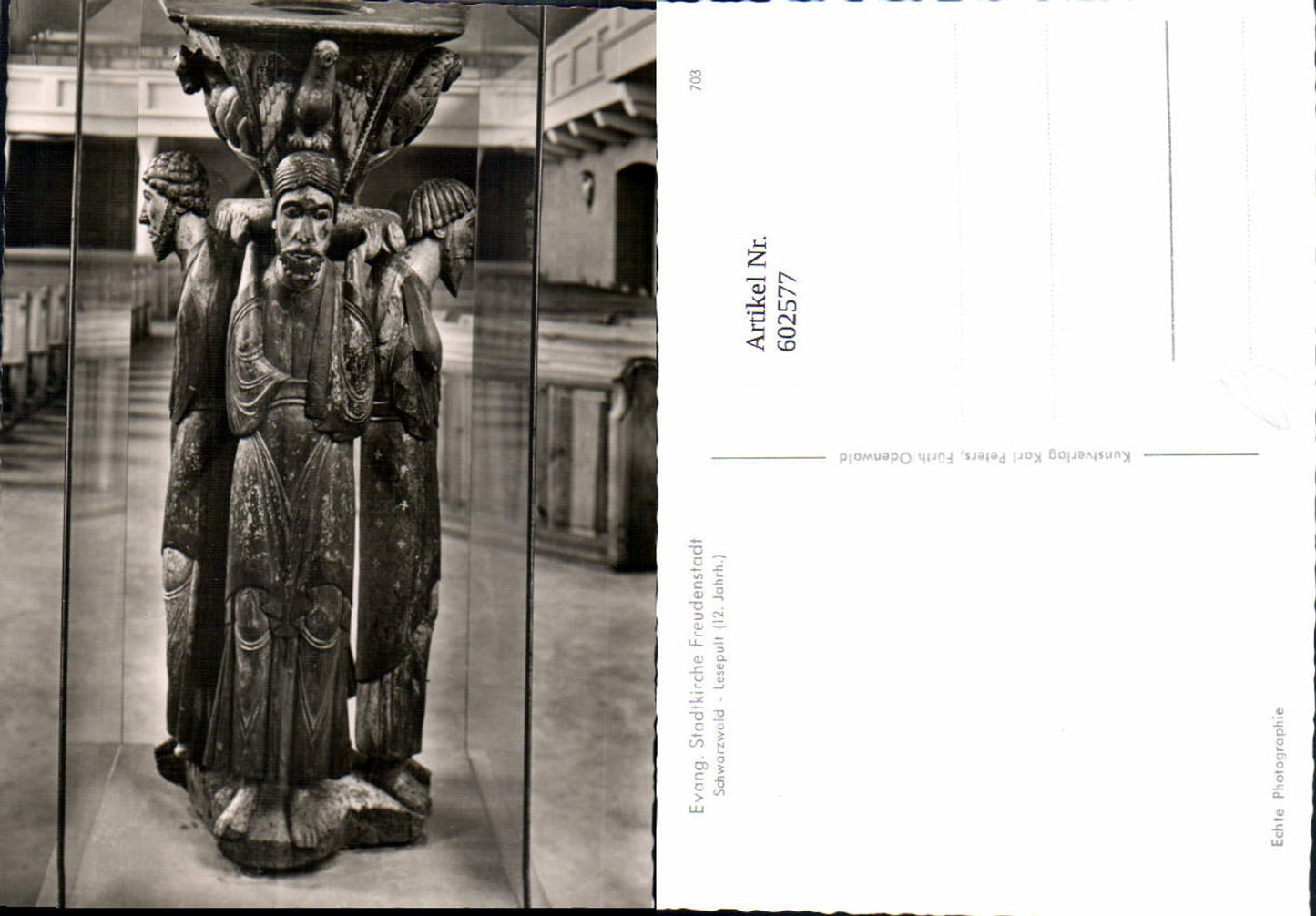 602577,Foto Ak Evang. Stadtkirche Freudendstadt Schwarzwald Lesepult Figur Skulptur
