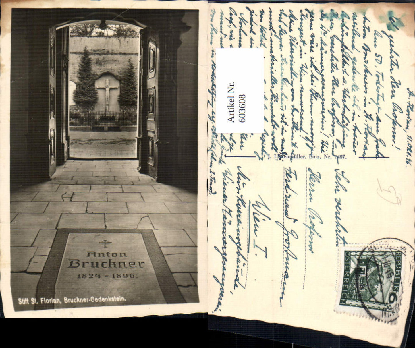 603608,Foto Ak Stift St Florian Bruckner Gedenkstein Kreuz