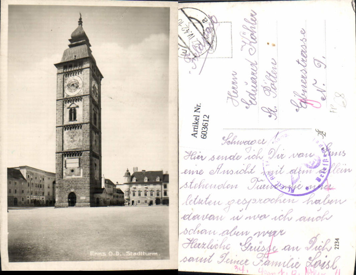 603612,Foto Ak Enns Stadtturm Feldpost Kf. Ers. Abt. 17 Komp.
