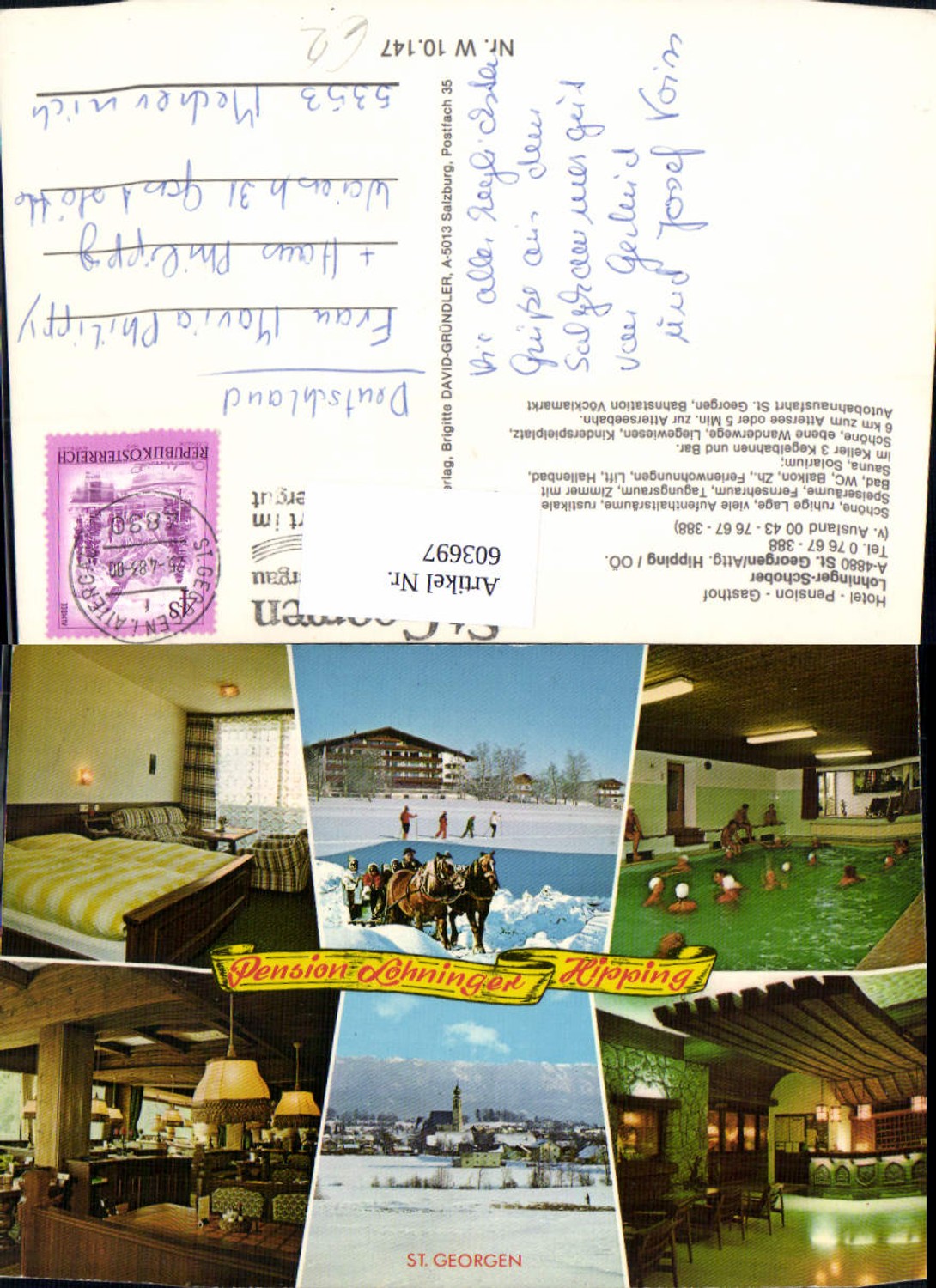 603697,Mehrbild Ak St Georgen i. Attergau Pension Lohninger Hipping Schwimmbad Pferdeschlitten