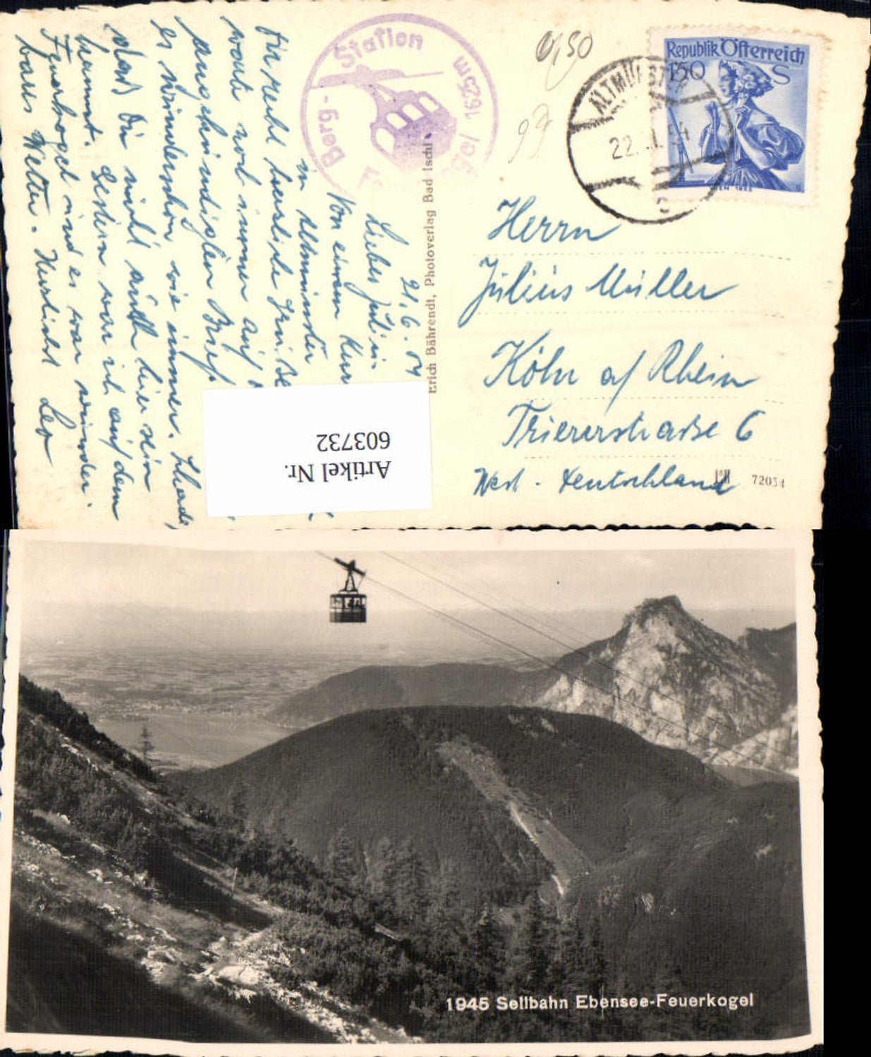 603732,Foto Ak Ebensee Seilbahn Feuerkogel Feuerkogelbahn Gondel