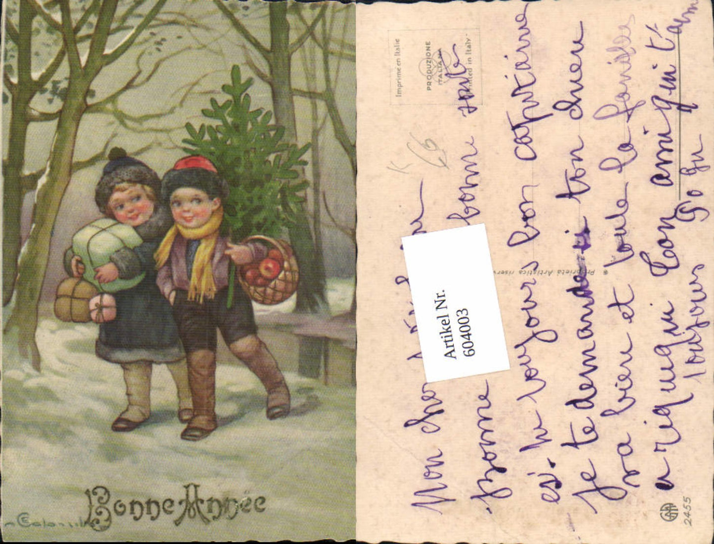 604003,Künstler AK E. Colombo Kinder Bonne Annee Korb Äpfel Neujahr Apfel Weihnachtsbaum