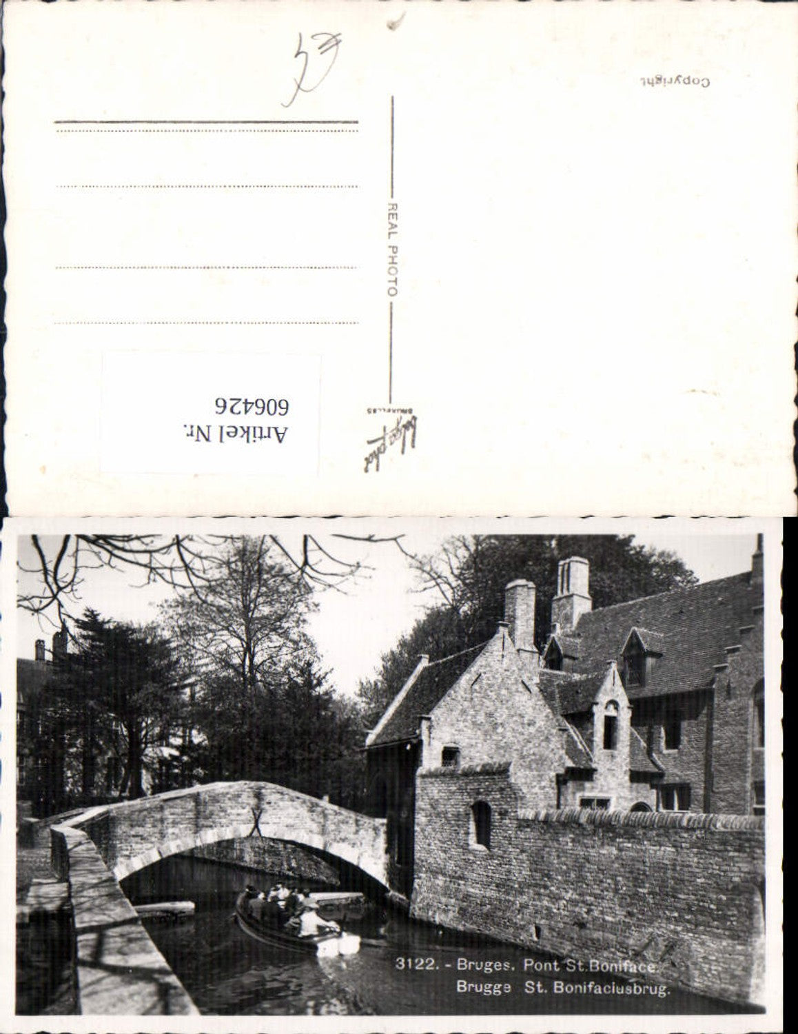 606426,Foto Ak Brügge Bruges Pont St Boniface St Bonifaciusbrug Brücke Boot Motorboot