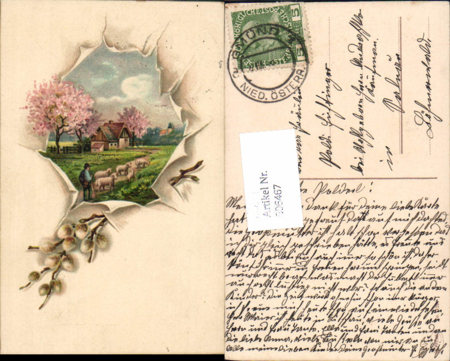 606467, Lithograph Shepherd Sheep Palm Branch Easter Stp. Gmünd