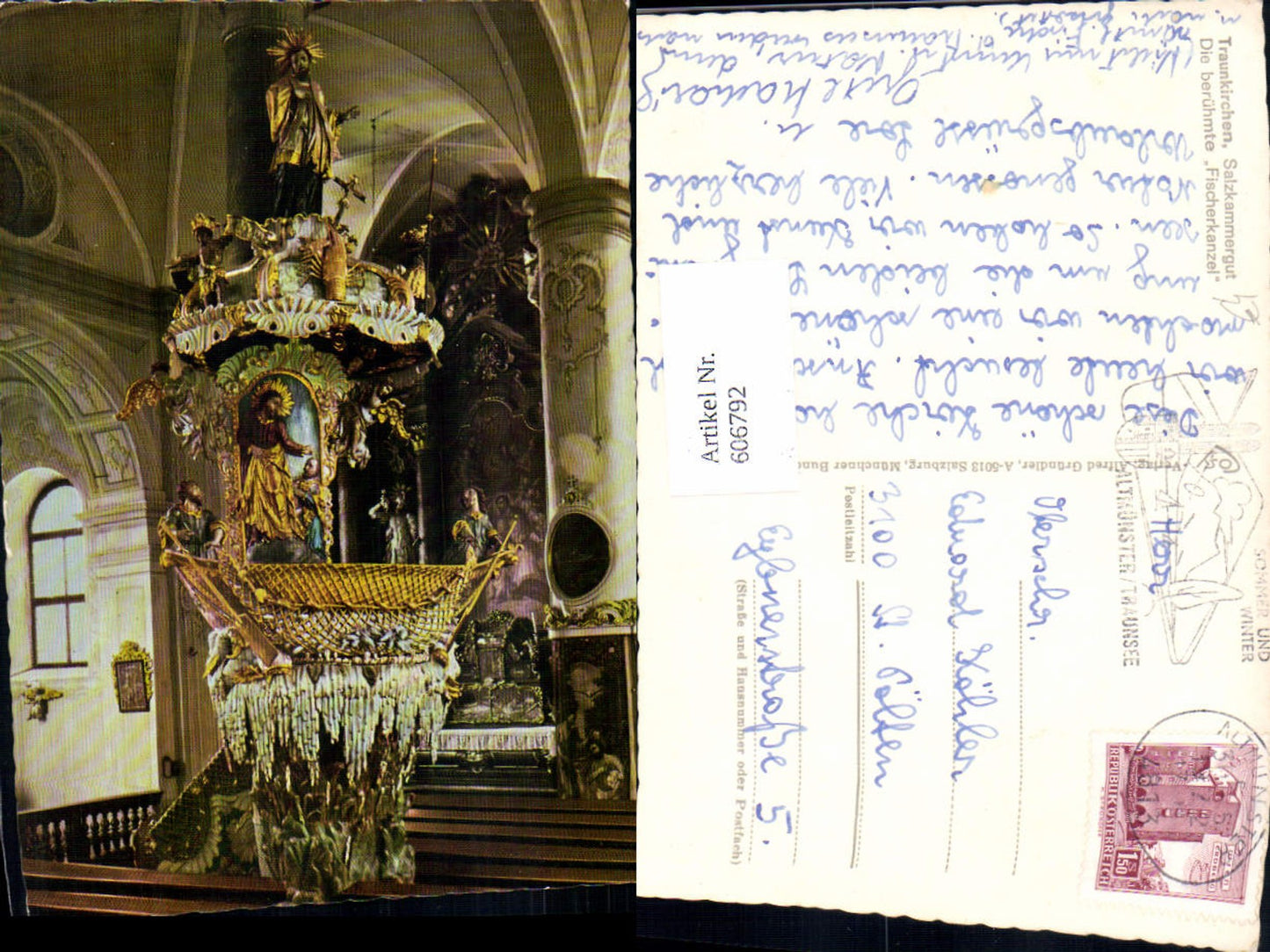 606792,Foto Ak Traunkirchen Fischerkanzel Kirche Innenansicht