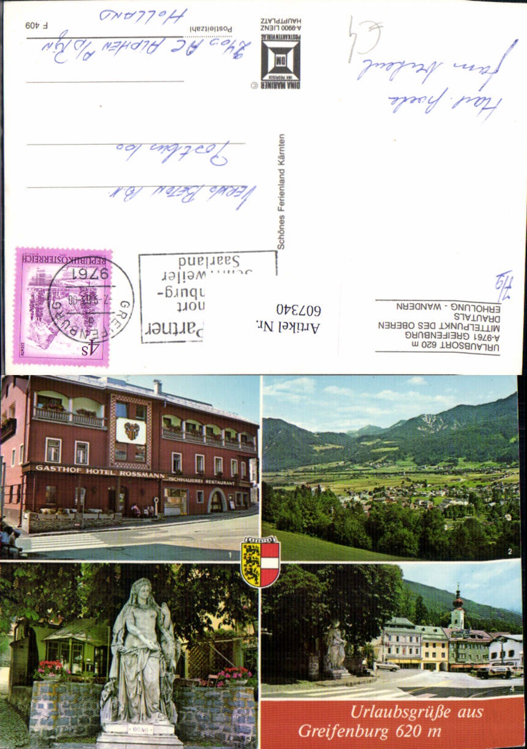 607340, Multi-image postcard Greifenburg Drautal view Statue Gasthof Hotel Rossmann