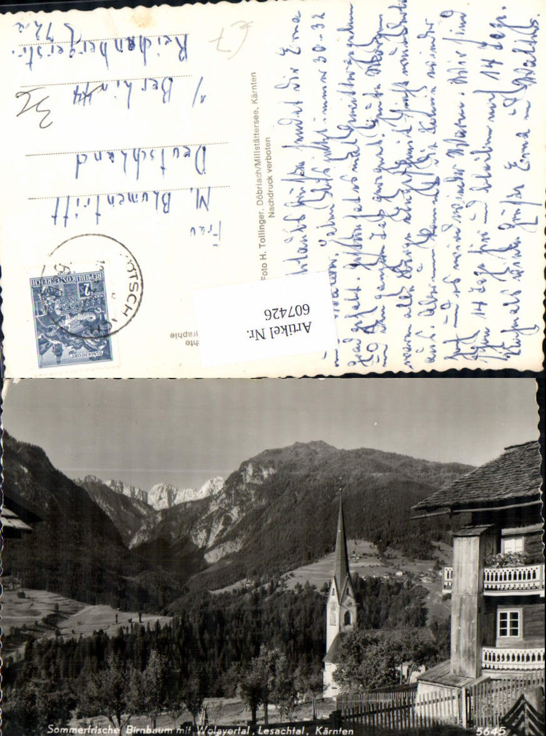 607426,Foto Ak Birnbaum m. Wolayertal Gemeinde Lesachtal Ansicht m. Kirche