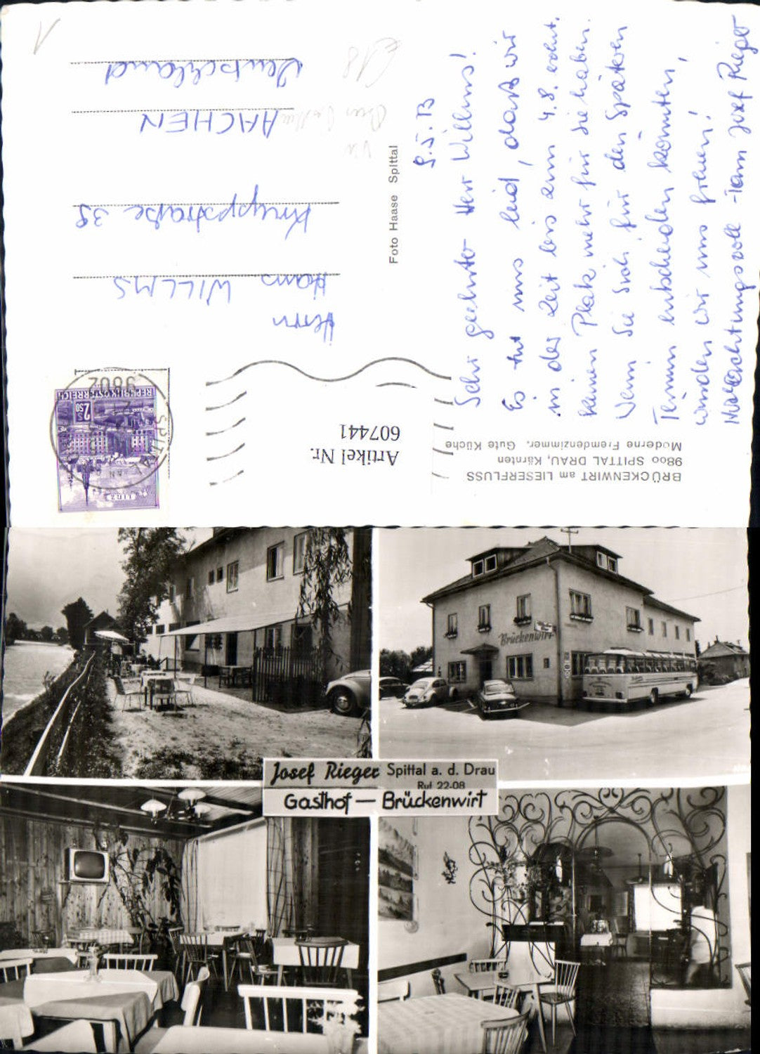 607441,Mehrbild Ak Spittal a. d. Drau Gasthof Brückenwirt Reisebus Bus VW Käfer