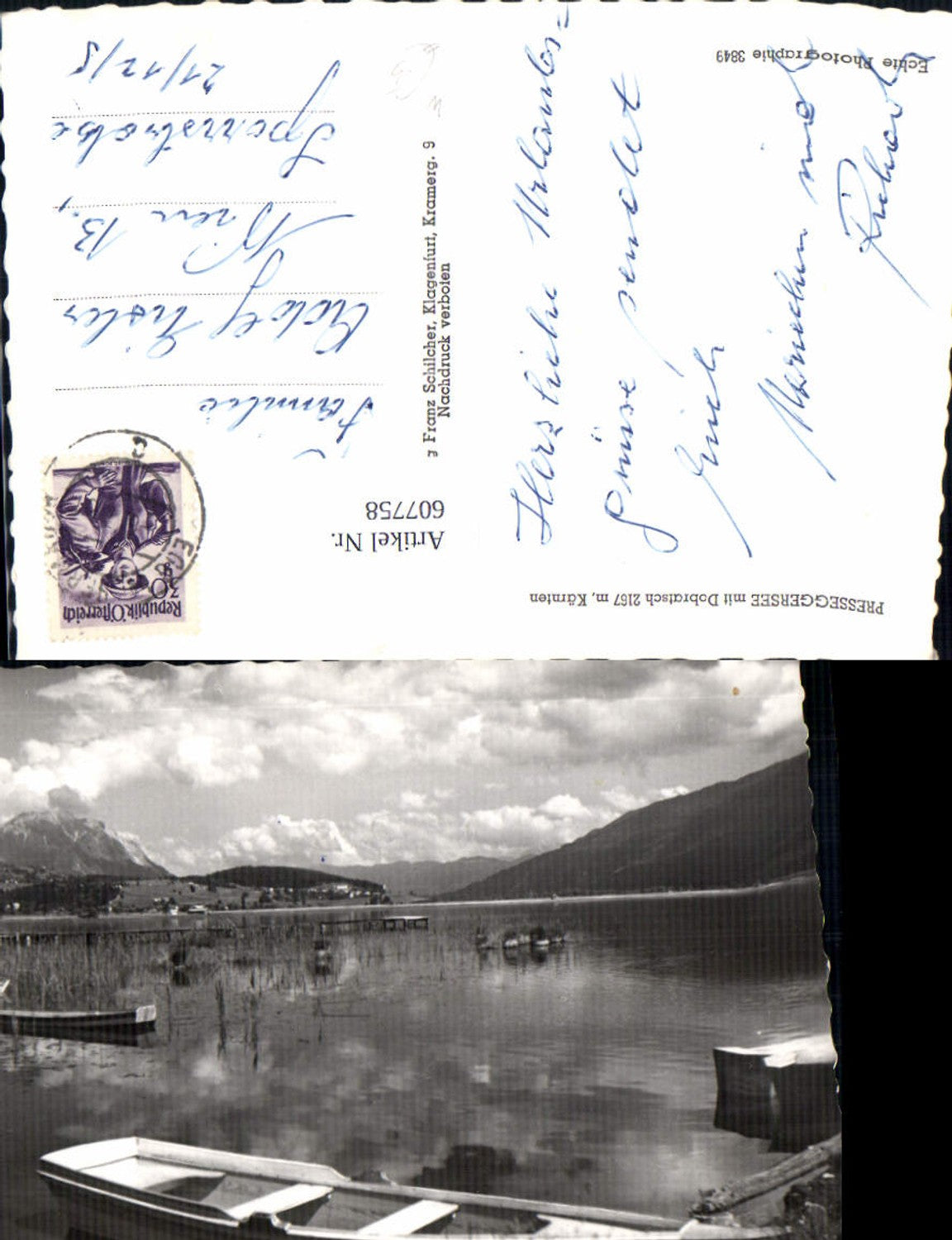 607758,Foto Ak Presseggersee m. Dobratsch Hermagor Ruderboot Boot pub Franz Schilcher 3849