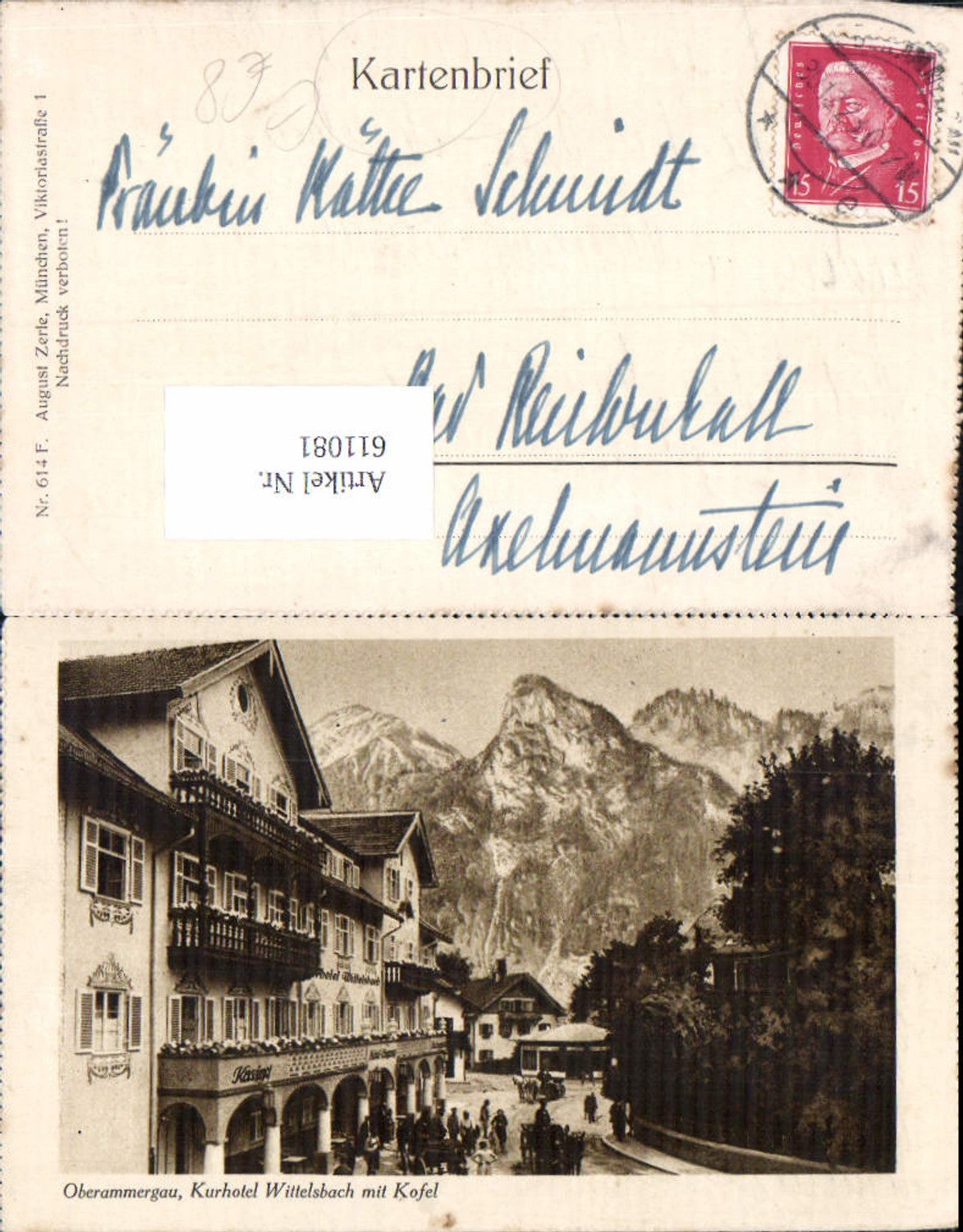611081, rare card letter Oberammergau Kurhotel Wittelsbach m. Kofel pub Zerle 614 F