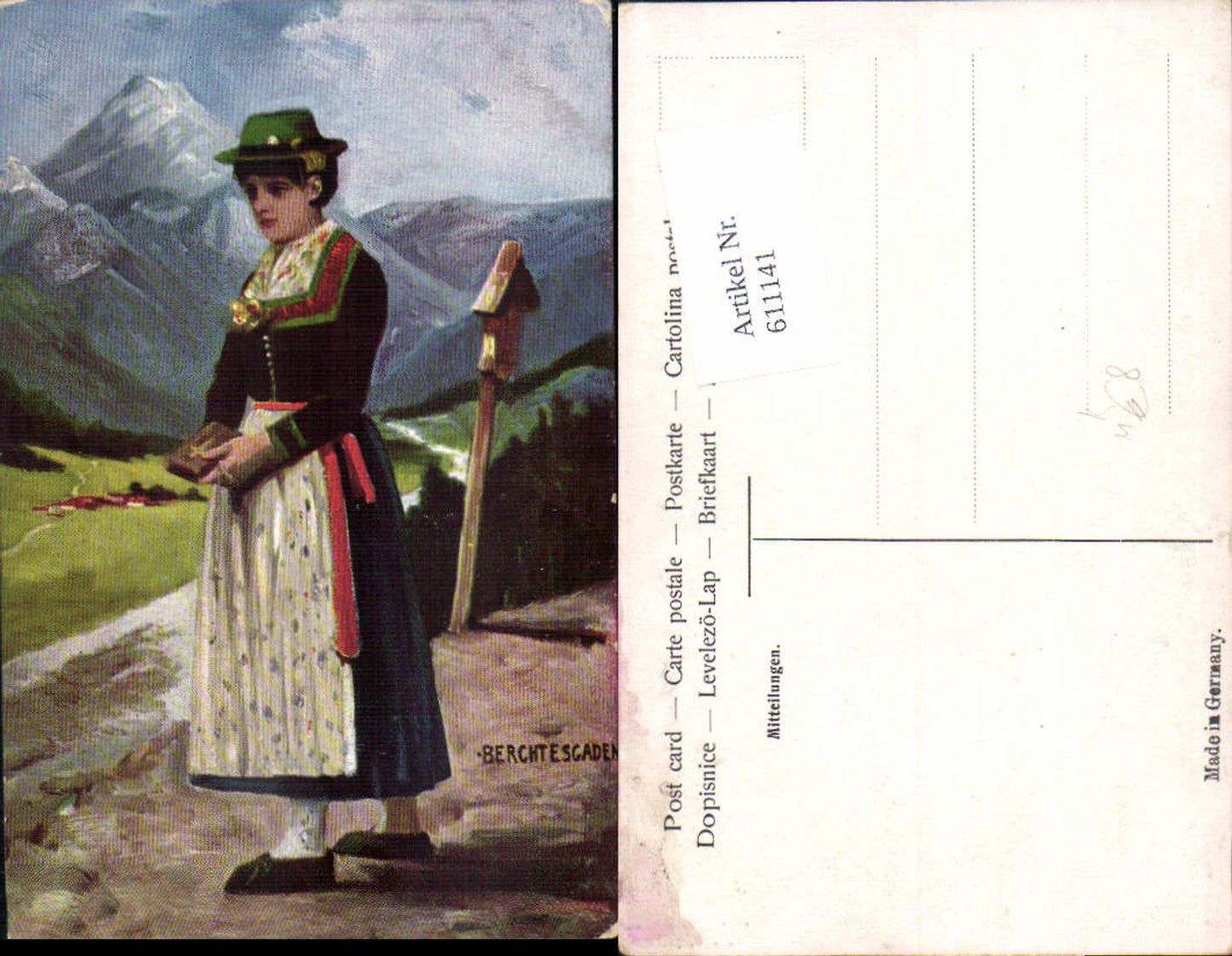 611141, great artists AK Berchtesgaden folk costume traditional dress wayside shrine wayside cross Bible