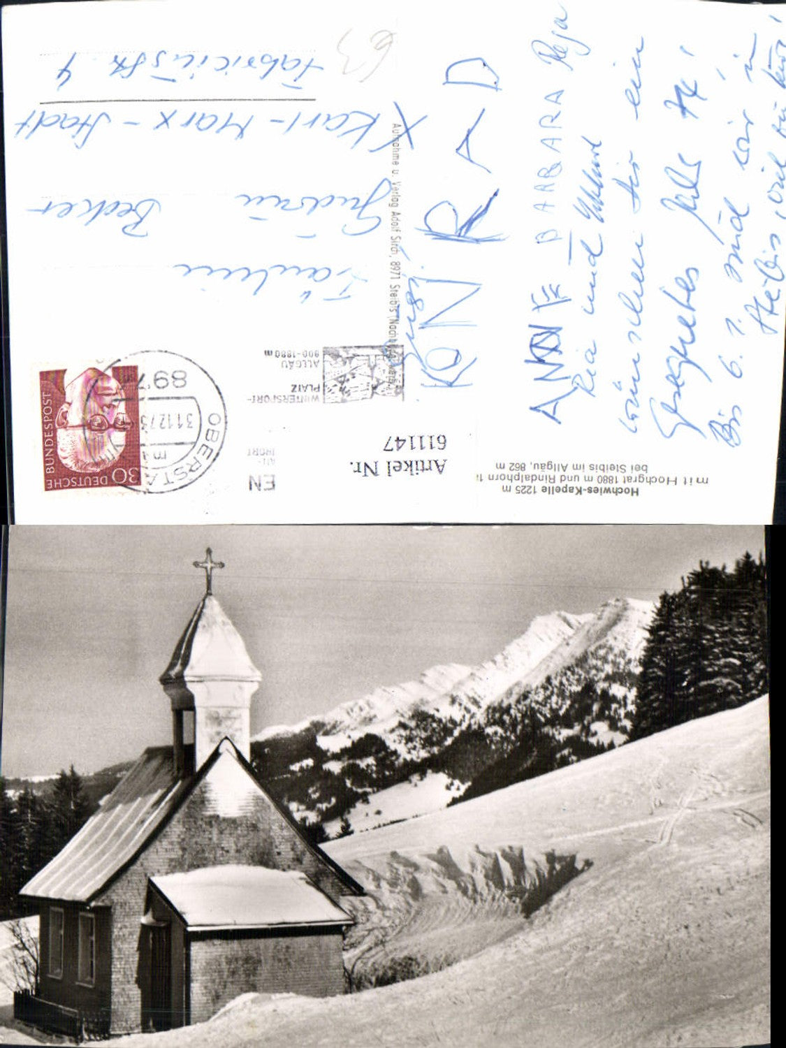 611147, Photo Ak Hochwies Chapel with Hochgrat Rindalphorn near Steibis Allgäu Winter view