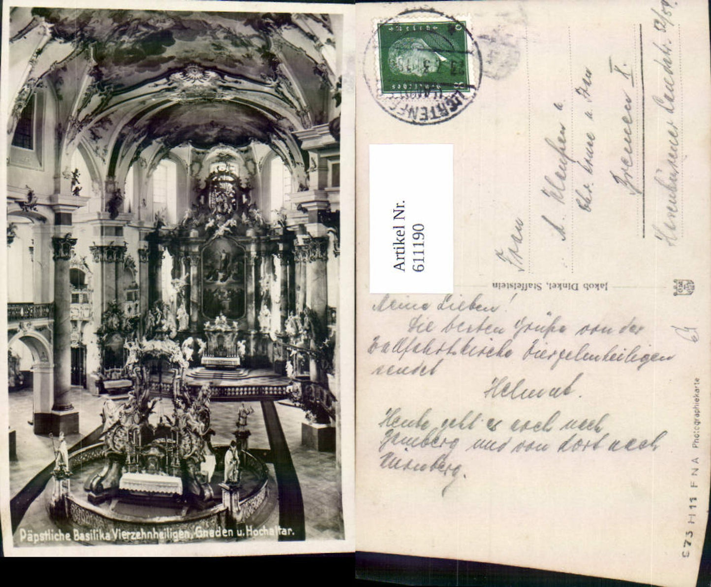611190, Photo Ak Bad Staffelstein Basilica of the Fourteen Holy Helpers Grace and High Altar