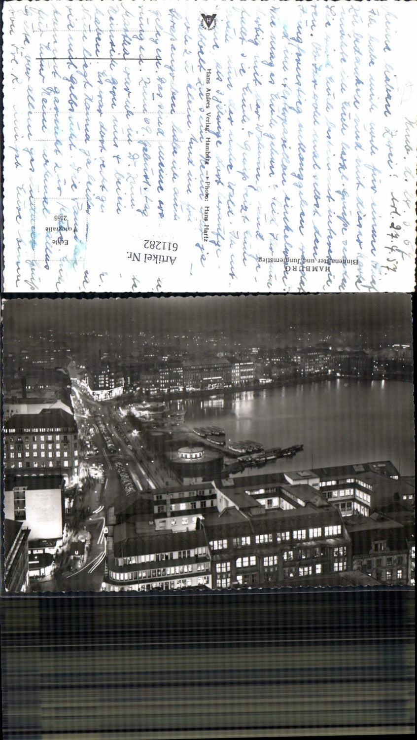 611282, Photo postcard Hamburg Inner Alster and Jungfernstieg at night