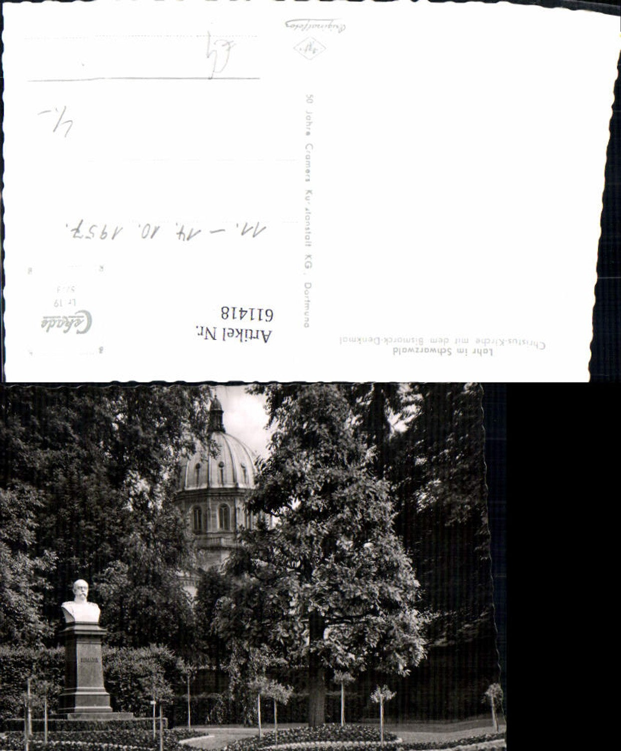 611418,Foto Ak Lahr i. Schwarzwald Christus-Kirche m. d. Bismarck-Denkmal