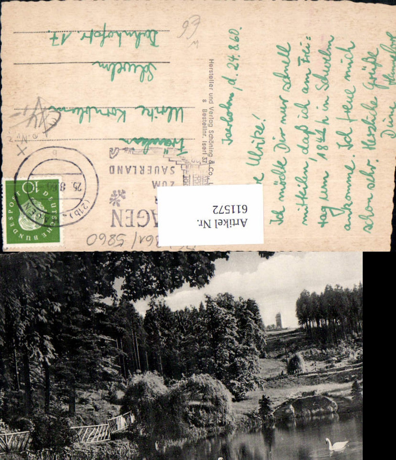 611572,Waldstadt Iserlohn Rupenteich m. Danzturm Schwan Schwäne