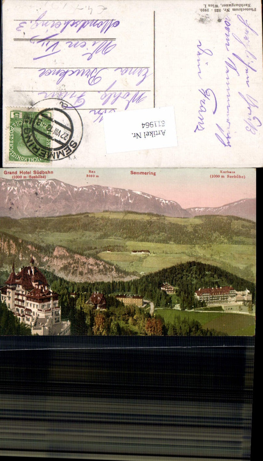 611964,Semmering Grand Hotel Südbahn Kurhaus 1910 pub Photochrom Nr. 523 Nachbargauer