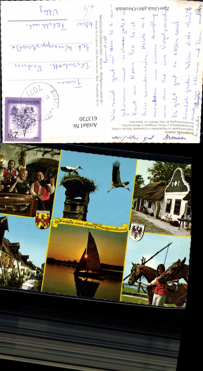 613730,Mehrbild Ak Burgenland Störche Rust Hofgasse Mörbisch Reiterin Seewinkel Pferde Segelboot