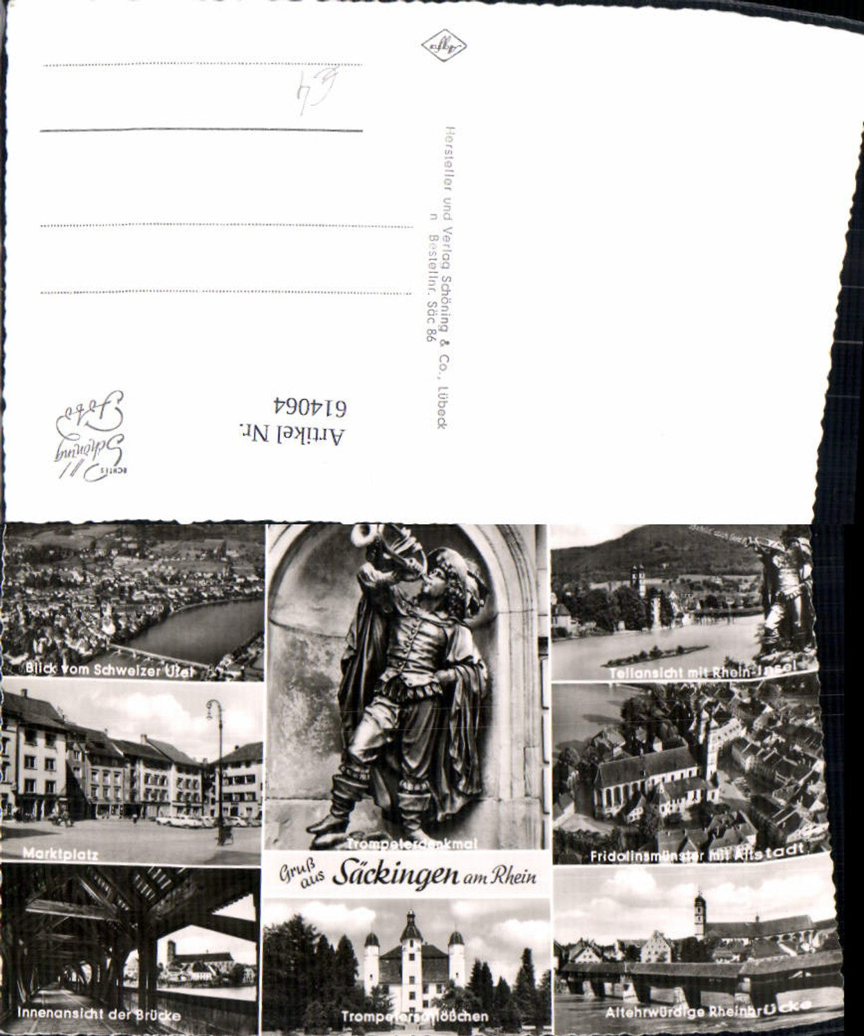 614064, Multi-image postcard Säckingen on the Rhine, market square, interior view of the bridge, Trumpeter Monument