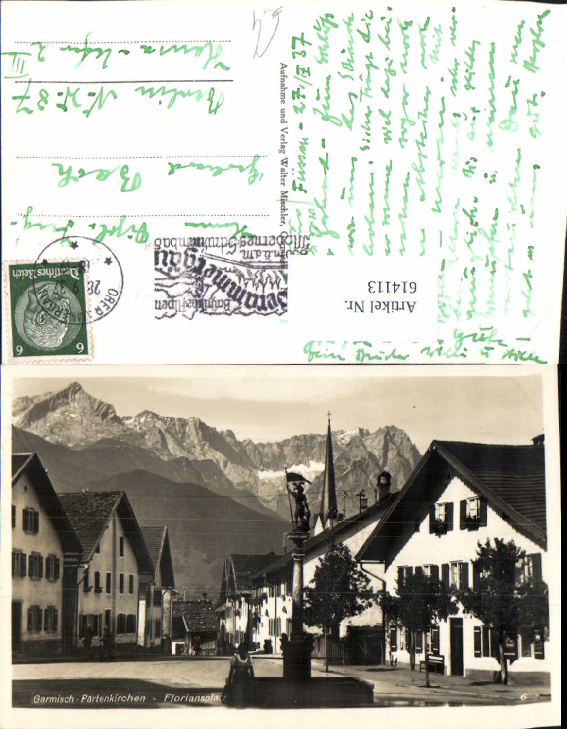 614113, Photo Ak Garmisch-Partenkirchen Floriansplatz Statue