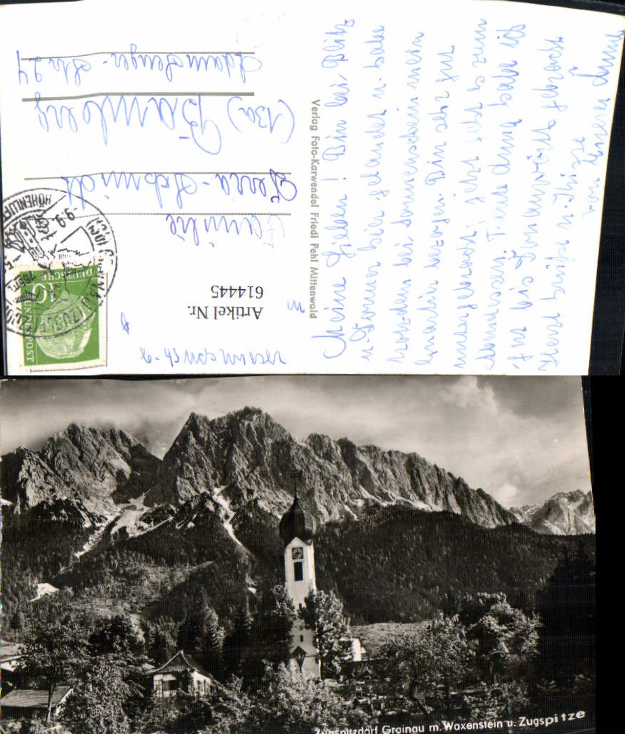 614445,Foto Ak Grainau m. Waxenstein u. Zugspitze Kirche