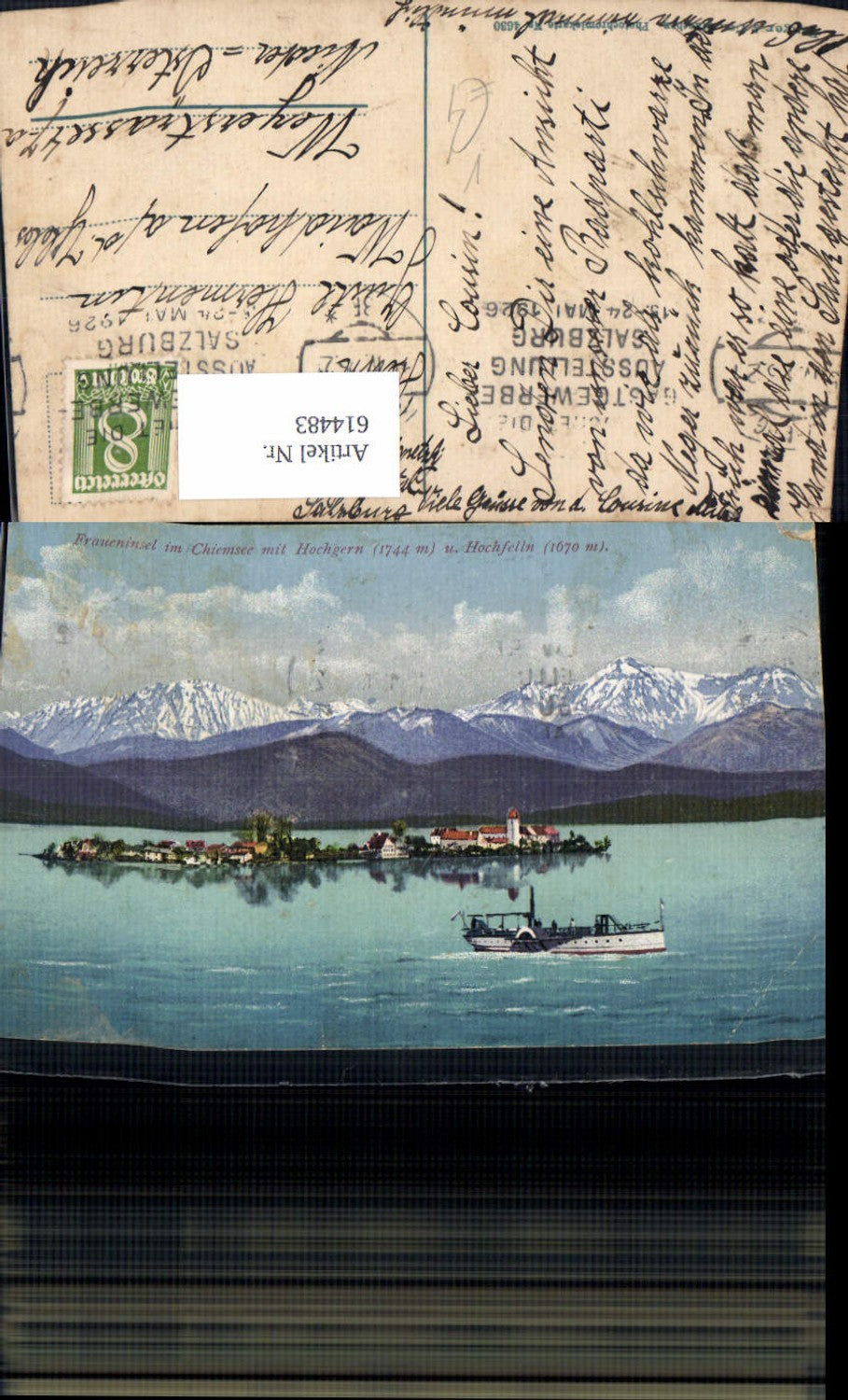 614483, Fraueninsel in Chiemsee with Hochgern and Hochfelln, ship/steamer, Chiemsee municipality, Purger Co. 4630
