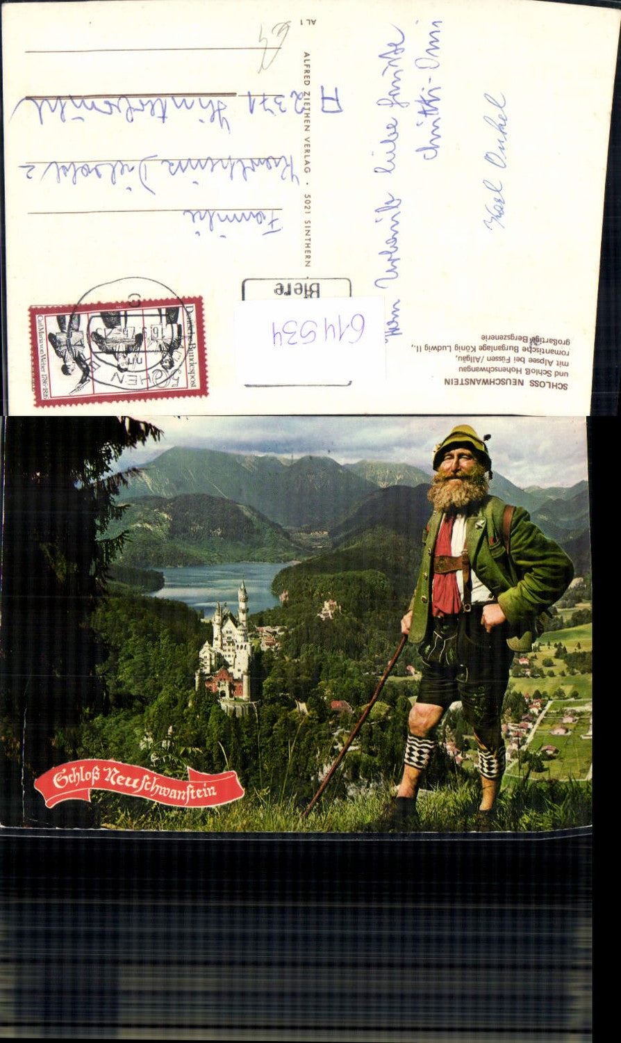 614534, Photomontage Neuschwanstein Castle Schwangau Alpsee Füssen Allgäu Hikers in traditional dress