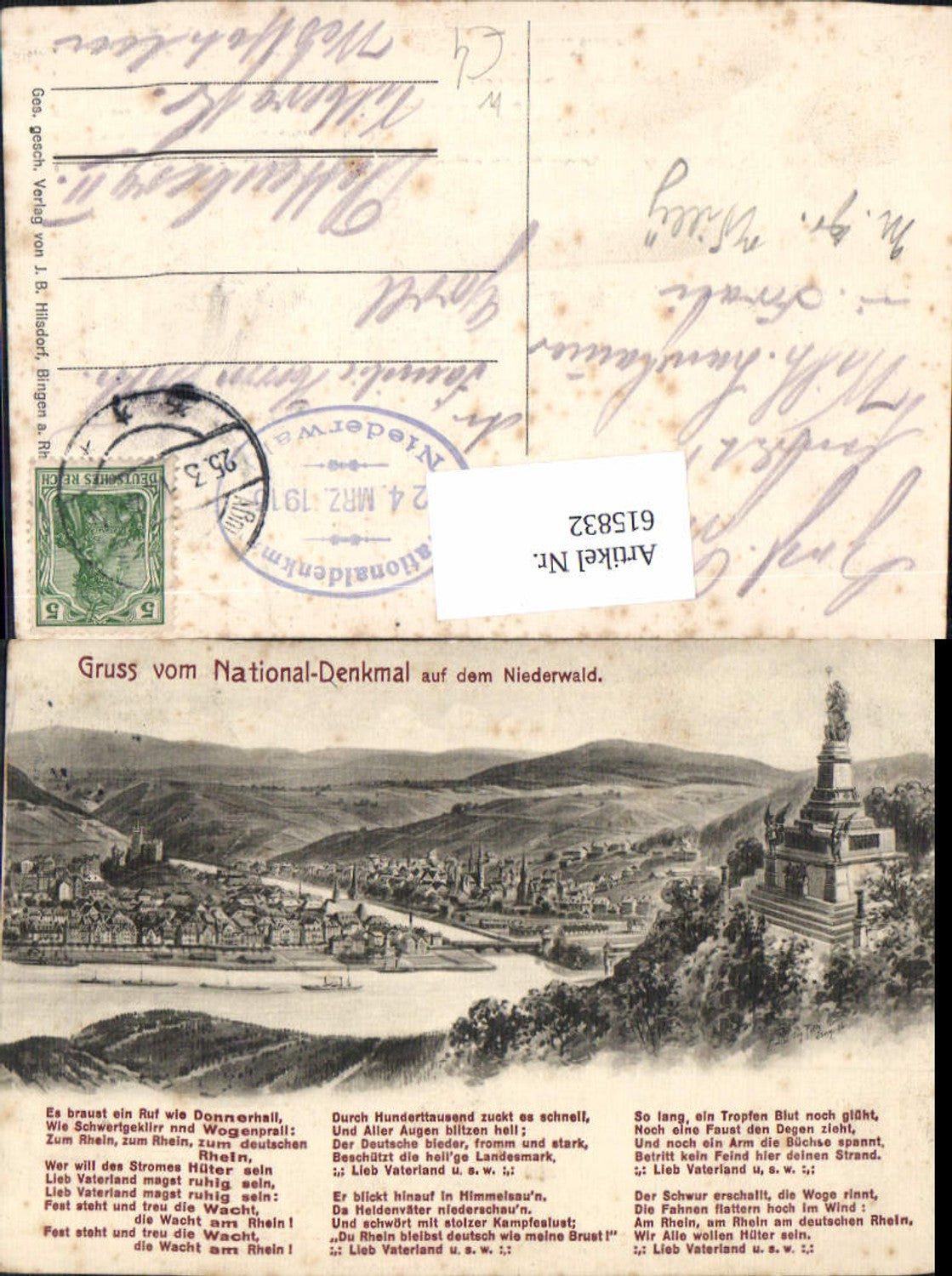 615832,Litho Rüdesheim am Rhein National-Denkmal a. d. Niederwald Text Niederwalddenkmal